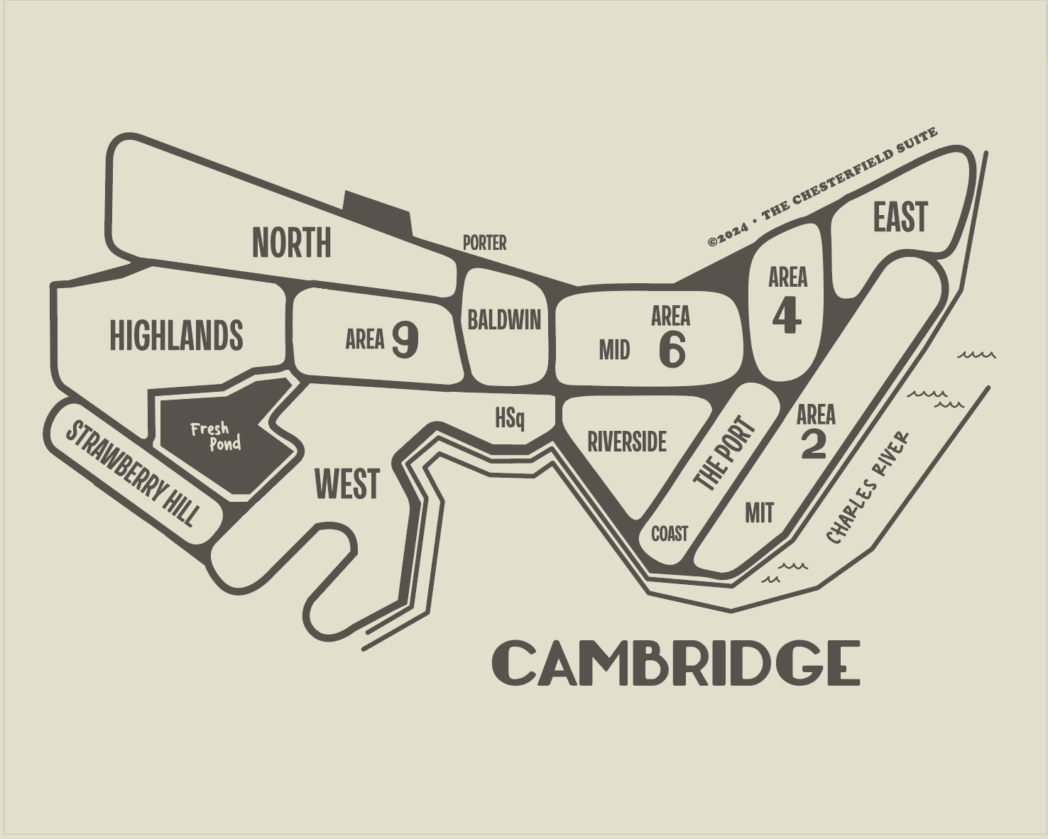 hand drawn design of the cambridge massachusetts map with dark grey lines and artwork