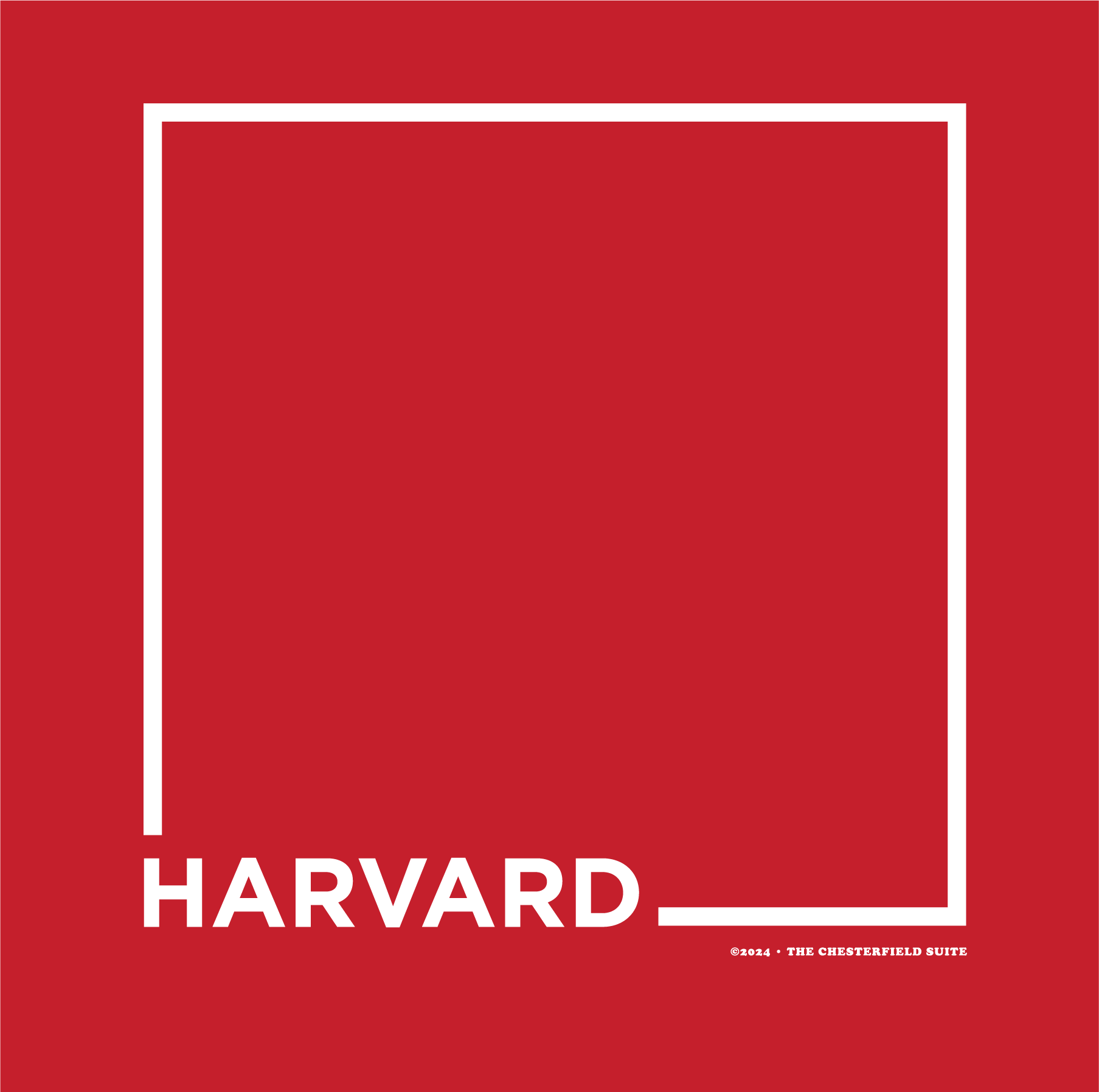 Red design with the word Harvard and a white square for harvard square