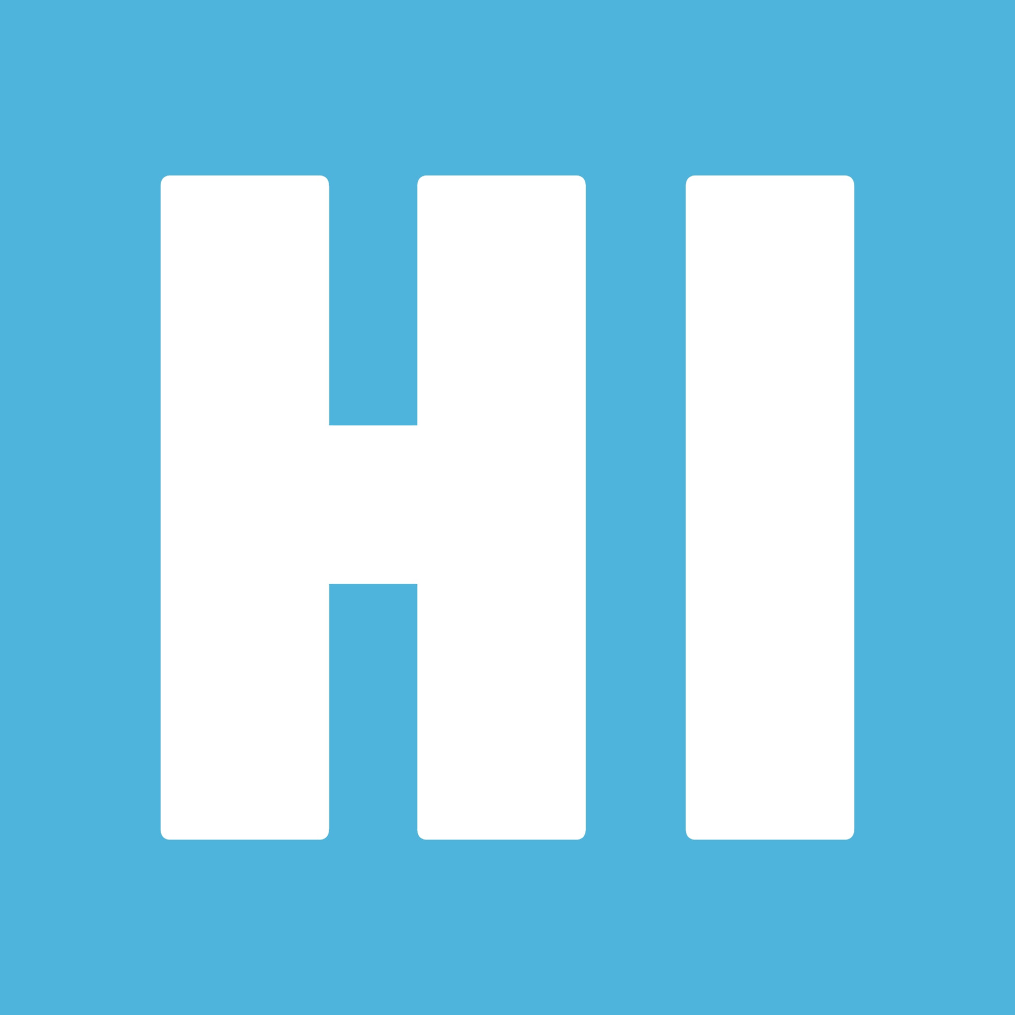 design of square vinyl sticker with the word HI in white with a light blue background