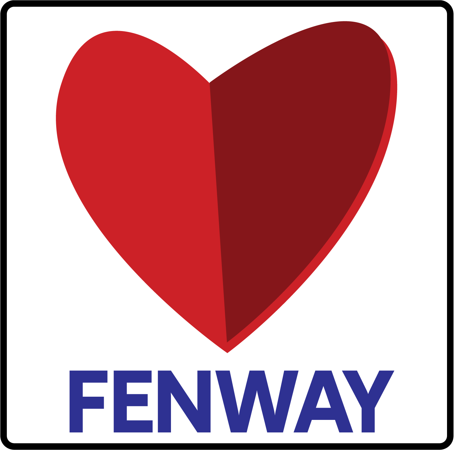 design of of a square vinyl sticker with the word FENWAY and a heart in the style of the boston citgo sign