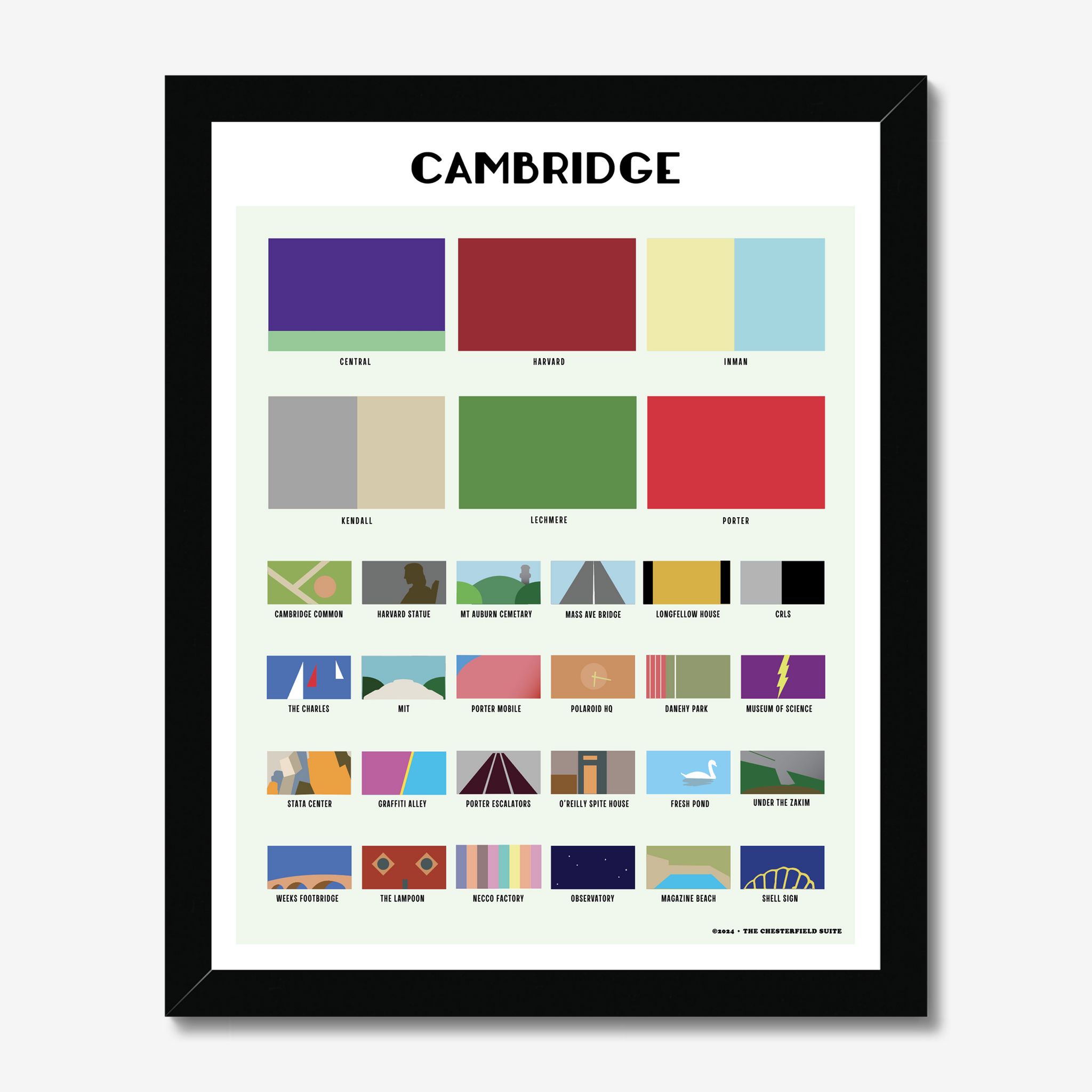 design of cambridge ma with blocks of color respresenting each neighborhood and attraction in a black frame