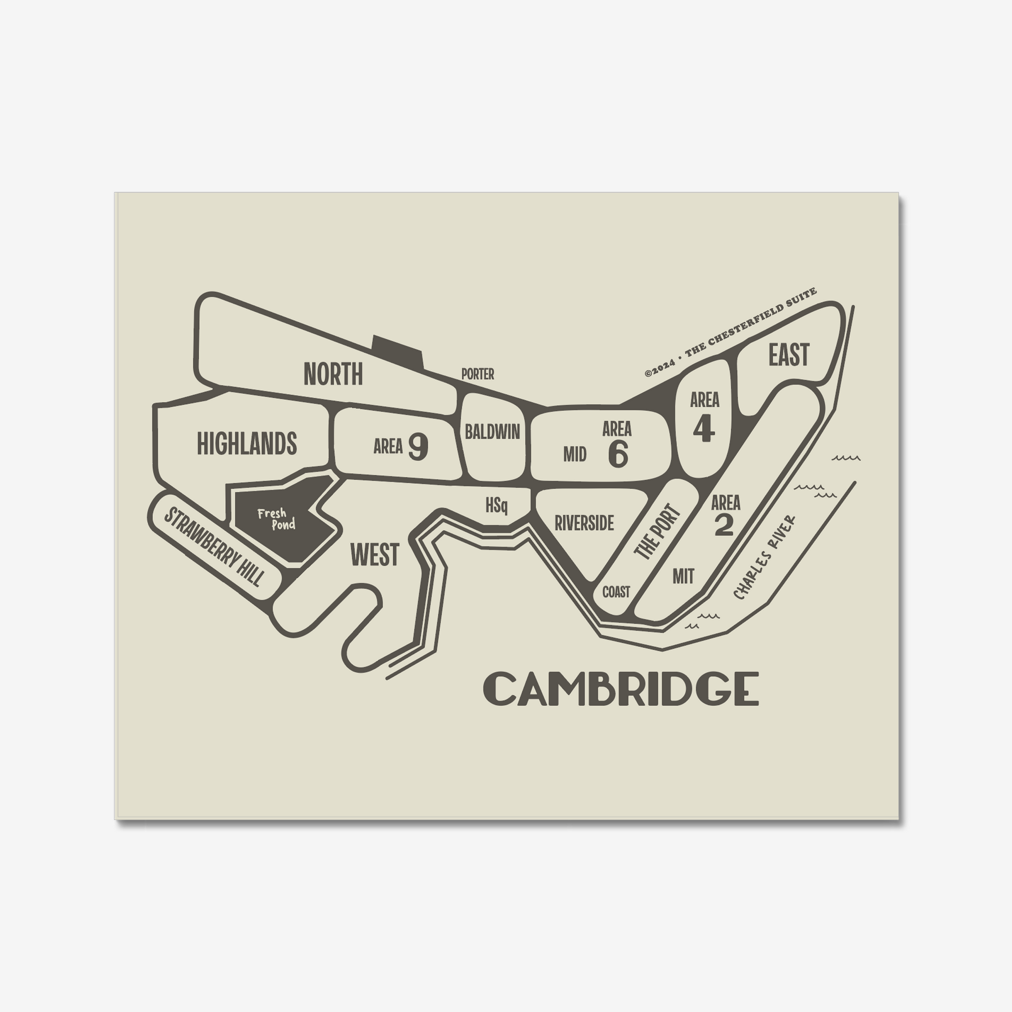 hand drawn design of the cambridge massachusetts map with dark grey lines and artwork