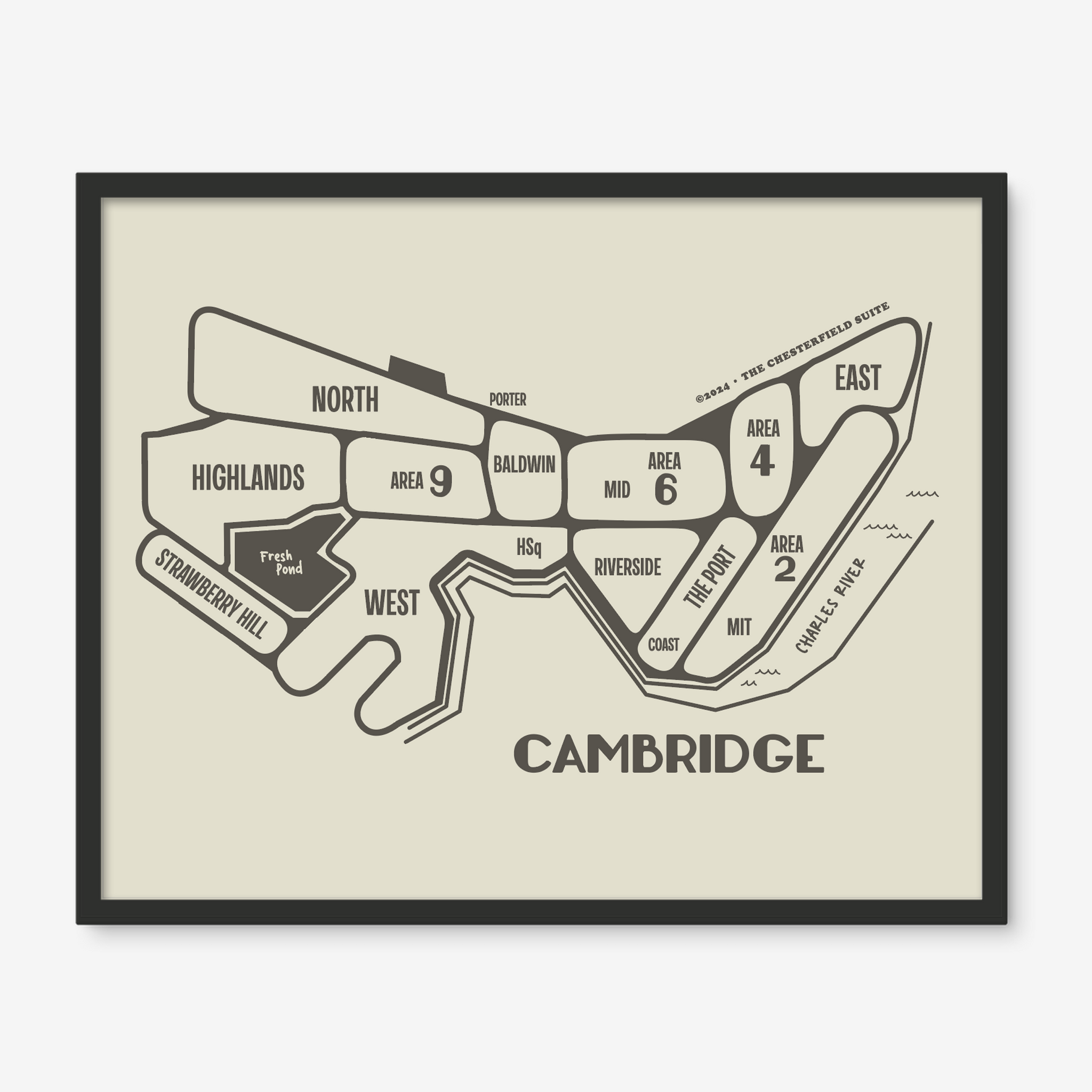 hand drawn design of the cambridge massachusetts map with dark grey lines and artwork in a black frame