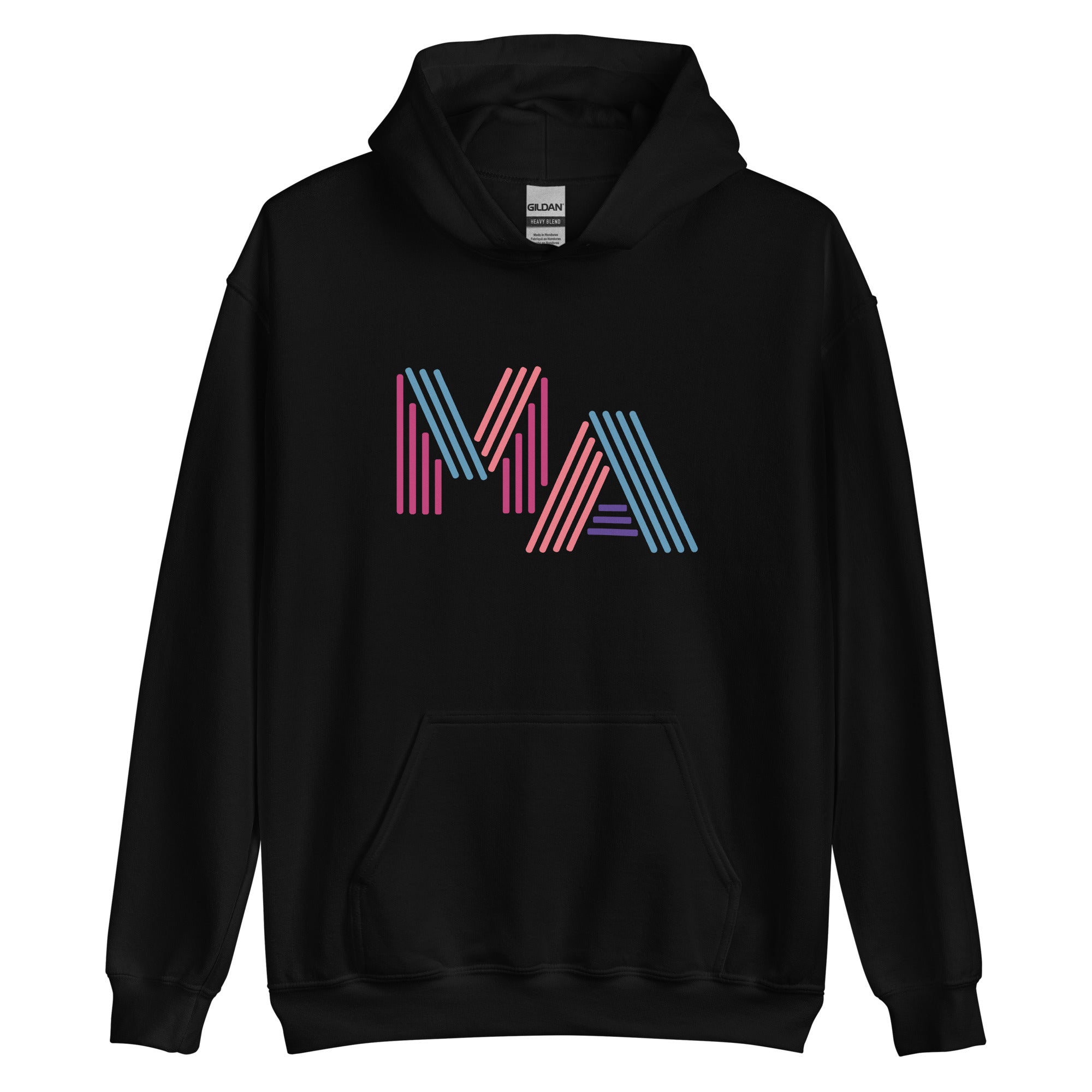 unisex black hoodie with the letters MA in pink, orange, turquoise and purple neon light style lettering