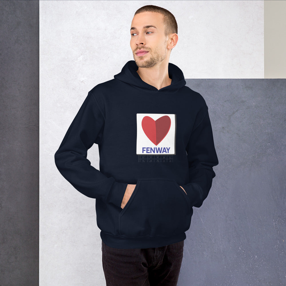 man wearing unisex navy hoodie with graphic of the citgo sign boston fenway as a heart