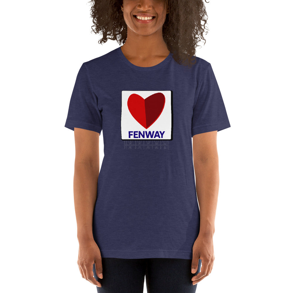 photo of woman wearing navy blue t-shirt with graphic of the citgo sign boston fenway as a heart on navy unisex tshirt
