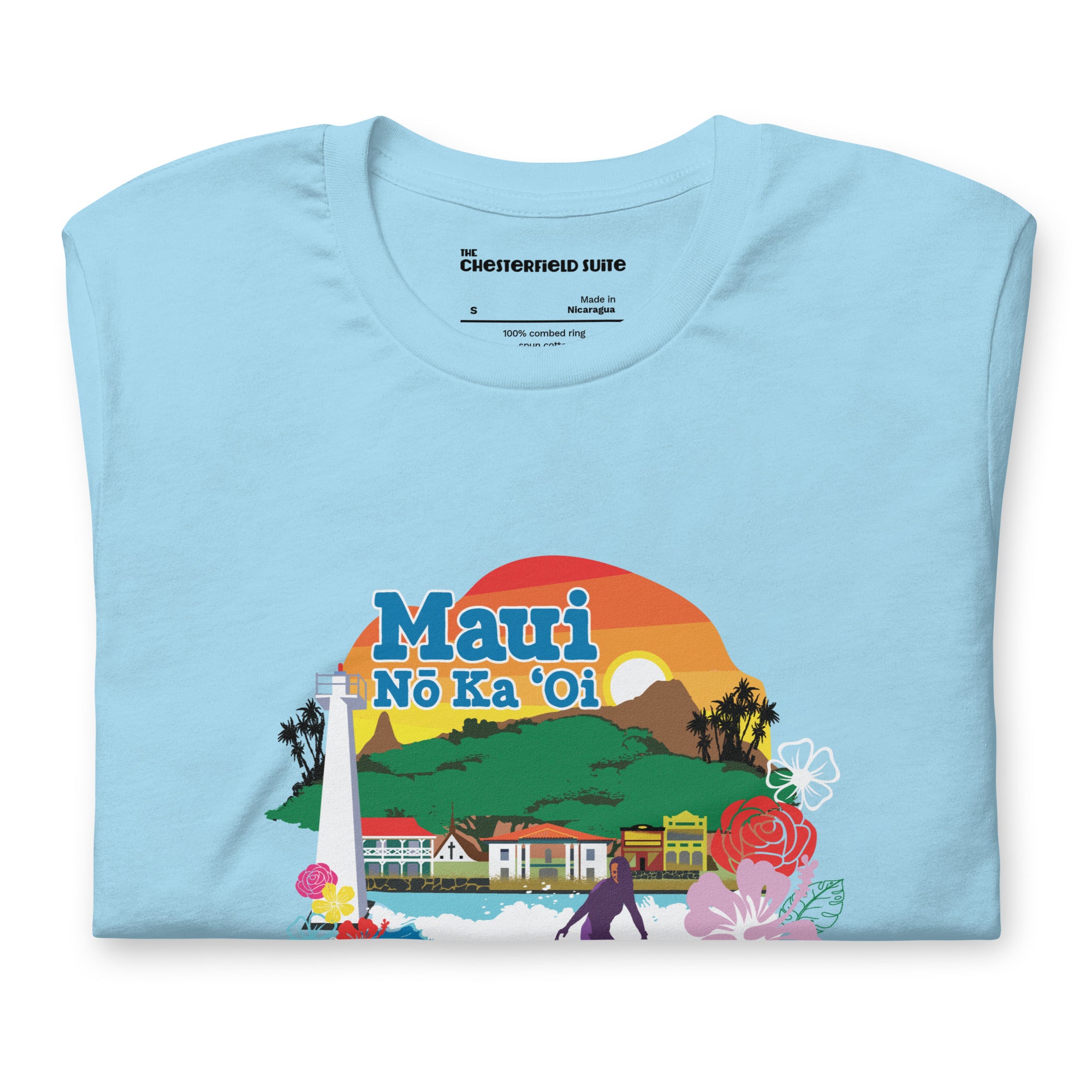 folded light blue t-shirt maui no ka oi design with lahaina landmarks to donate to maui strong fund