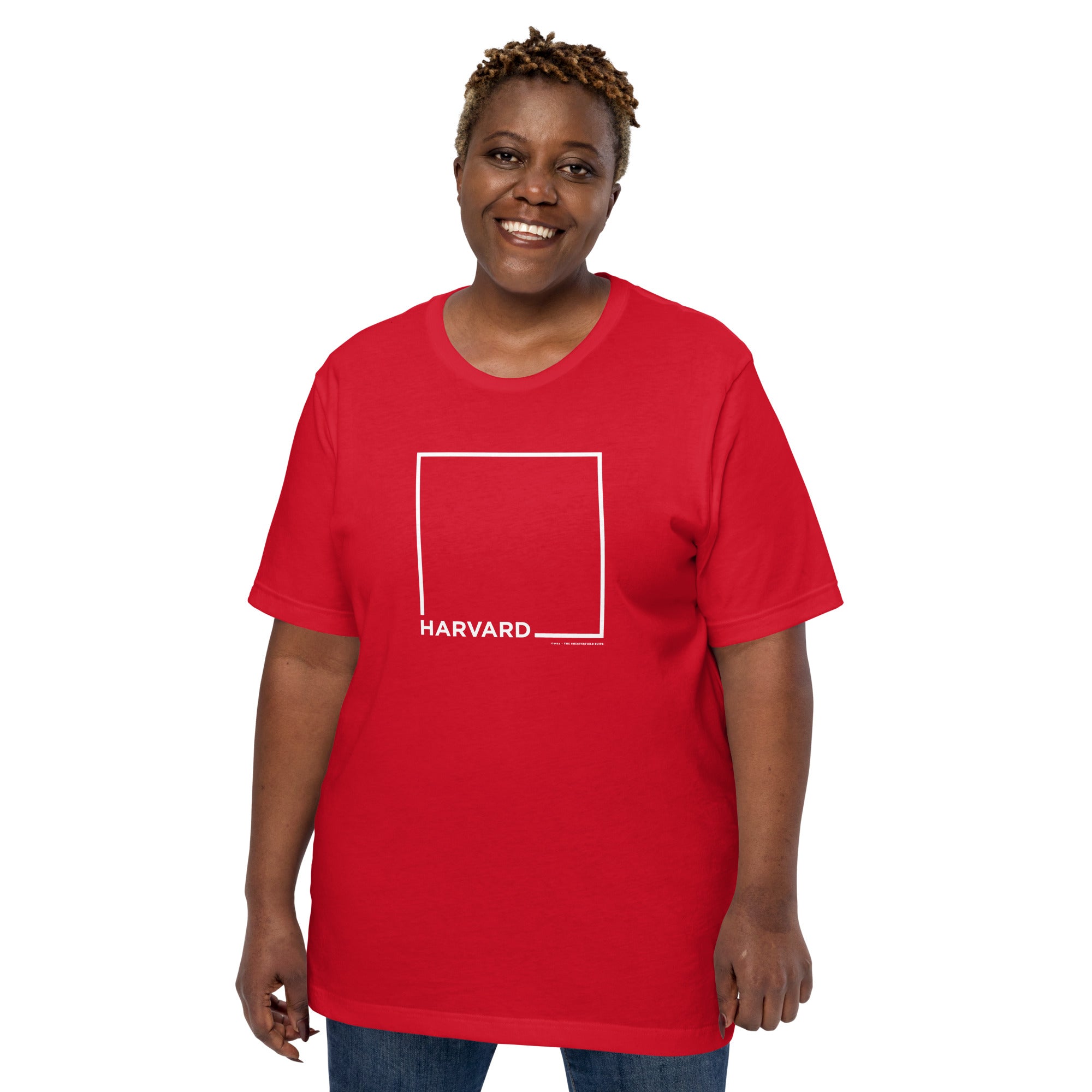 woman wearing Red unisex t-shirt with the word Harvard and a white square for harvard square