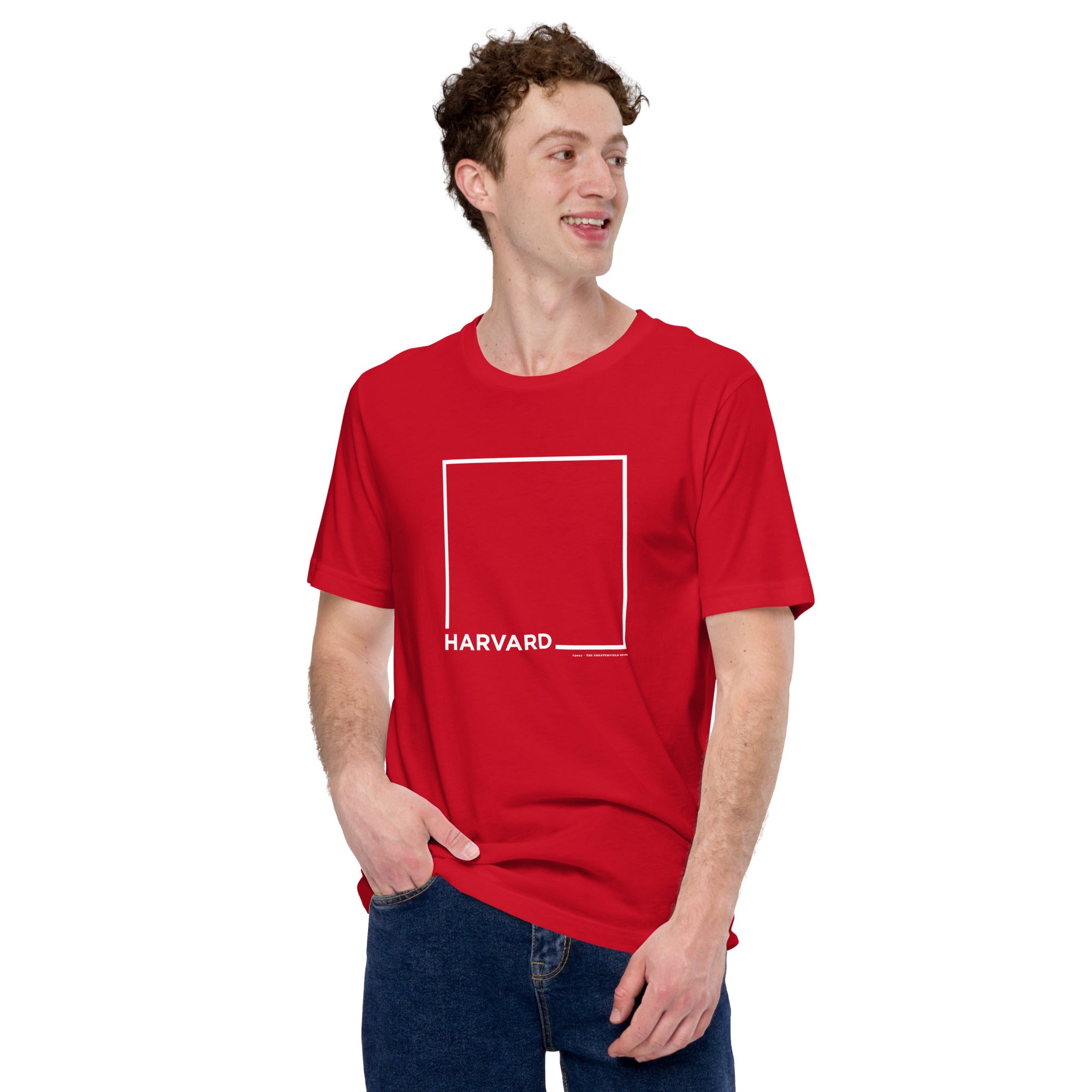 man wearing Red unisex t-shirt with the word Harvard and a white square for harvard square