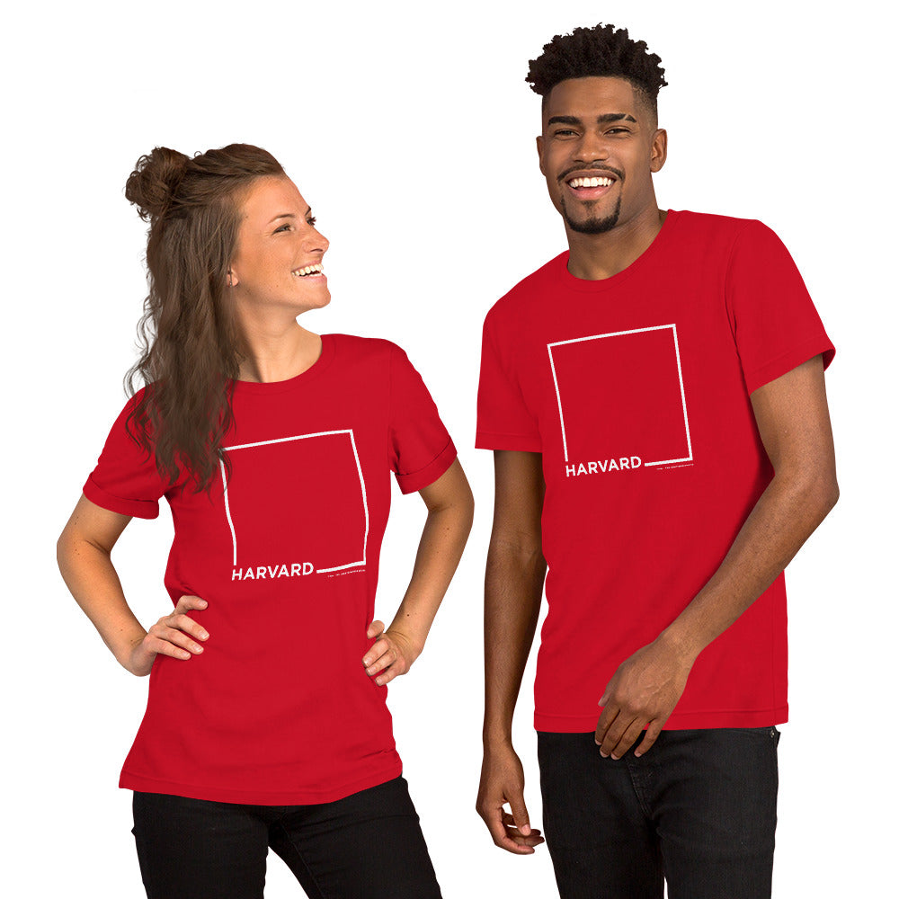 man and woman wearing Red unisex t-shirt with the word Harvard and a white square for harvard square