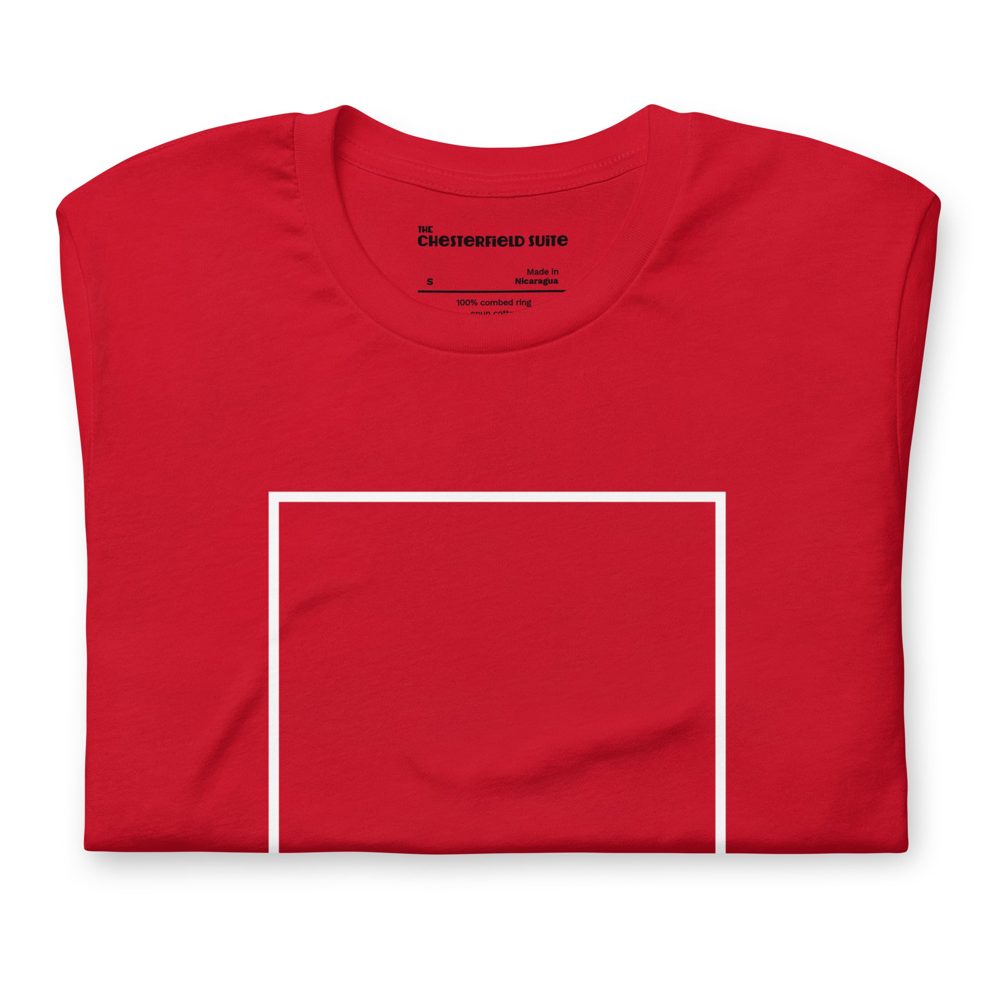 Red unisex t-shirt with the word Harvard and a white square for harvard square