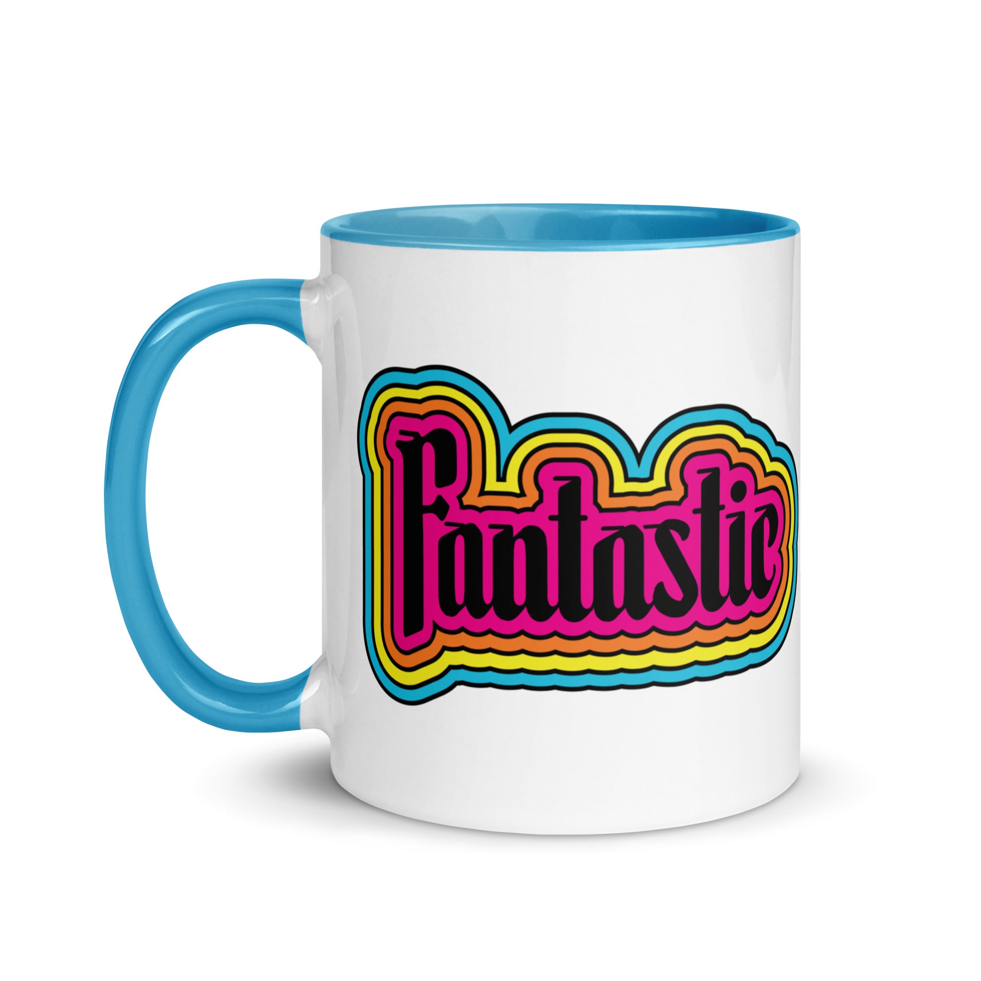11 oz mug with the word fantastic with rainbow design around it