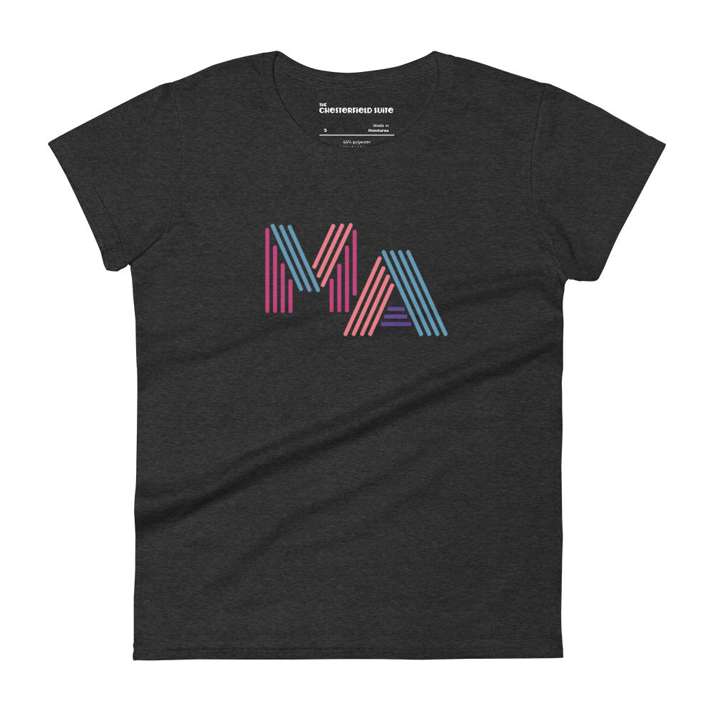 women's dark grey t-shirt with the letters MA in pink, orange, turquoise and purple neon light style lettering