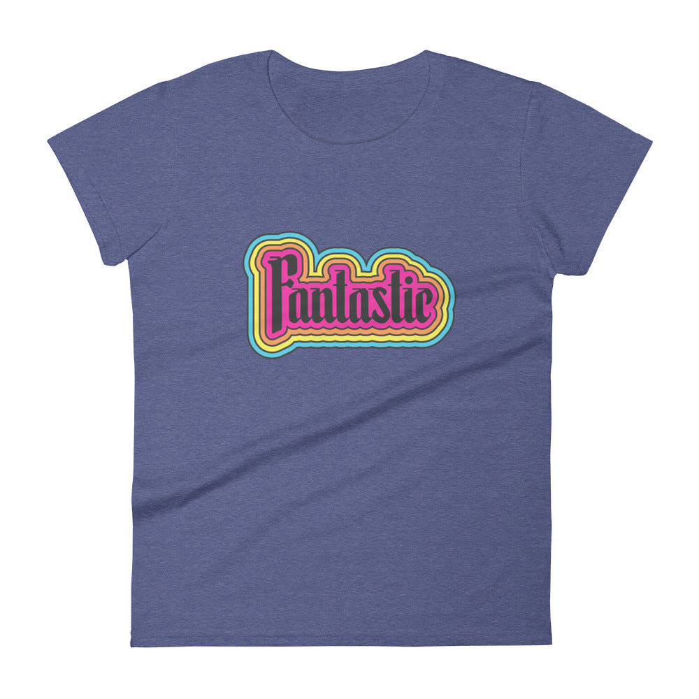 the word fantastic in a rainbow design positivity on blue t-shirt