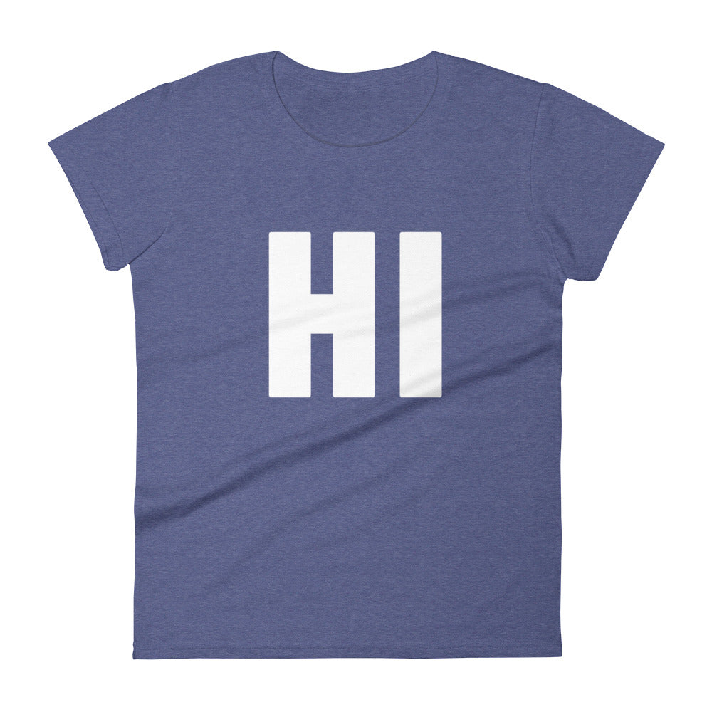 the word HI in white on a blue women's t-shirt