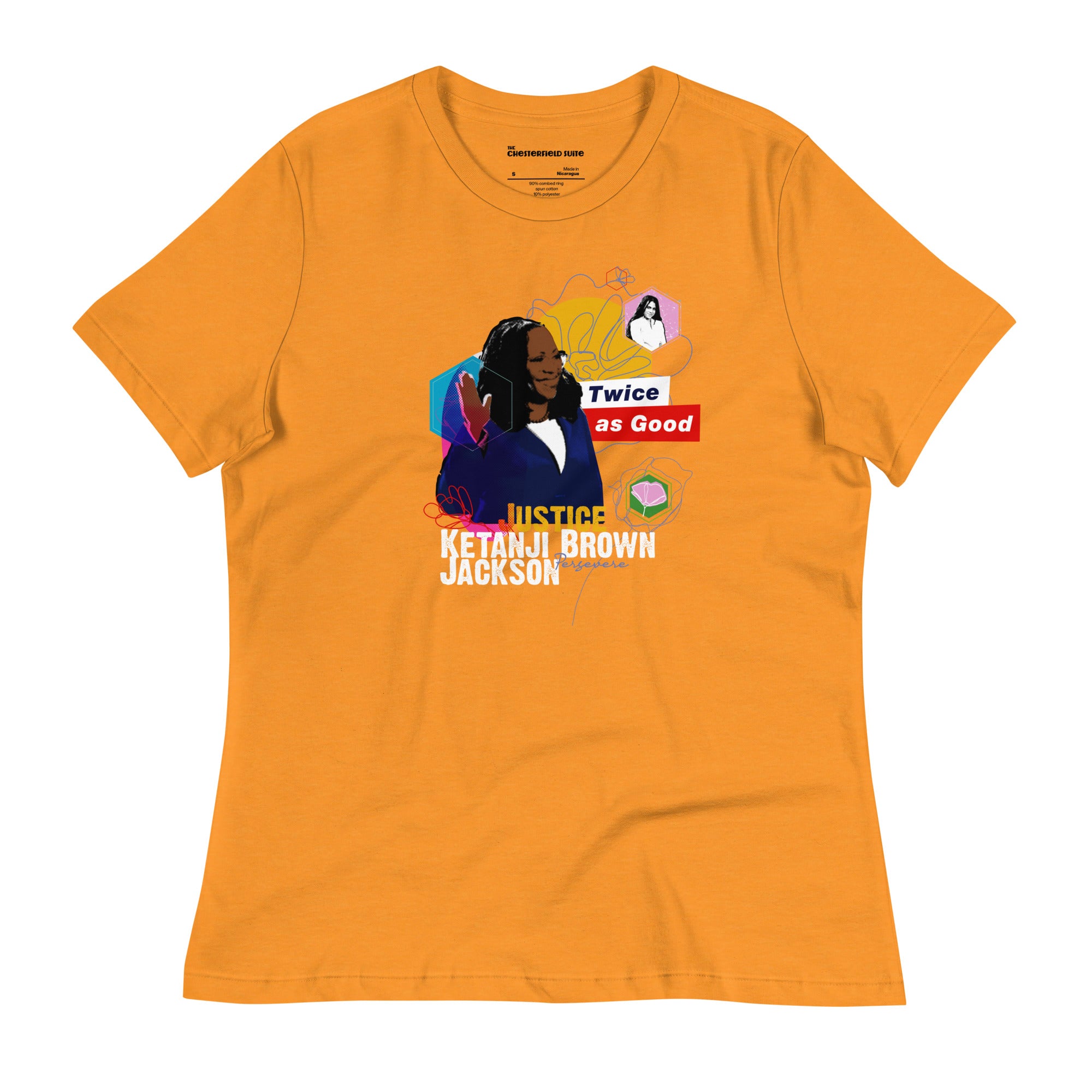 design with orange t-shirt of justice ketanji brown jackson, her daughter and the phrase "twice as good"