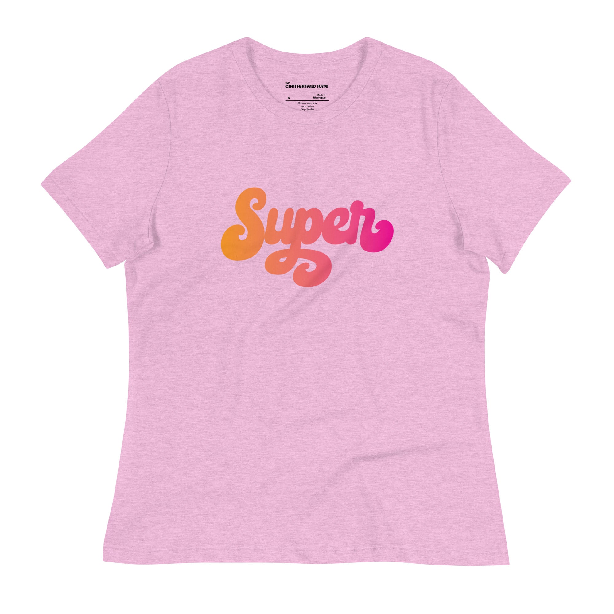 the word Super written in a pink blend cursive lettering on pink women's t-shirt
