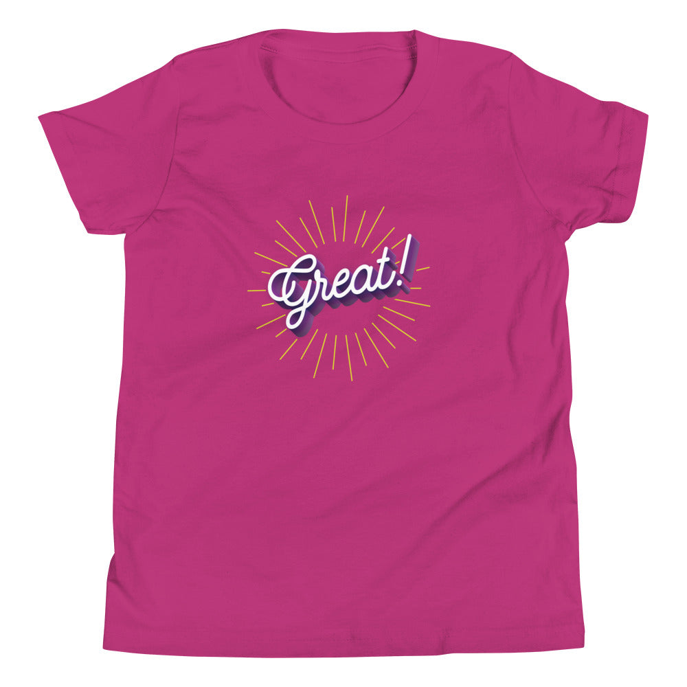 The word great! in cursive on pink youth tshirt