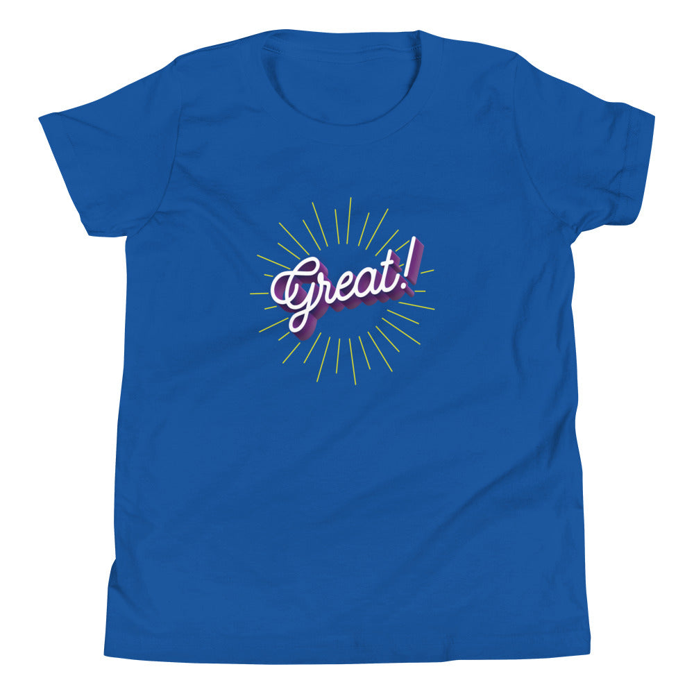 The word great! in cursive on blue youth tshirt