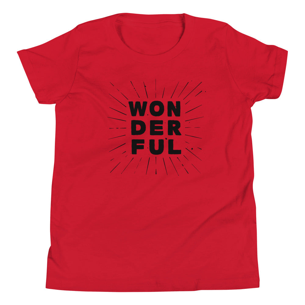 the word wonderful stacked on itself in black writing on red youth tshirt