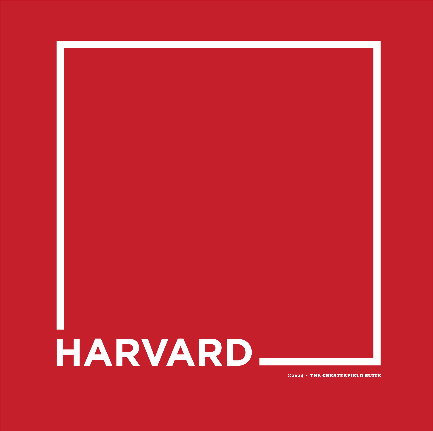 red background with harvard in white with a white square