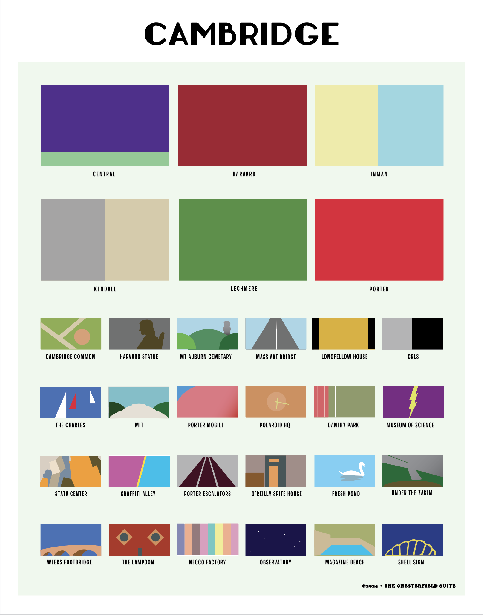 design of cambridge ma with blocks of color respresenting each neighborhood and attraction