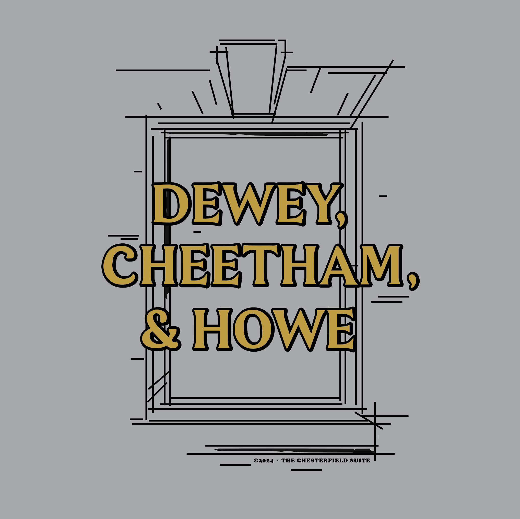 Light grey design with Dewey Cheetham & Howe from Harvard square written on in gold