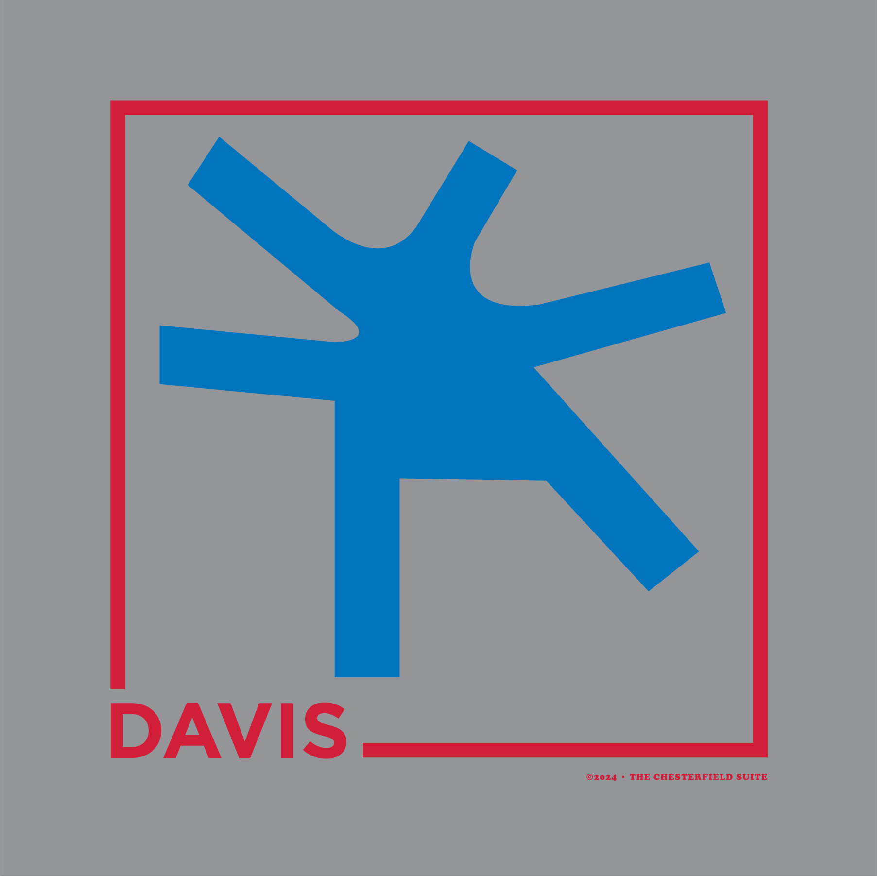 Grey design with the word Davis and a square in red, with the blue intersection