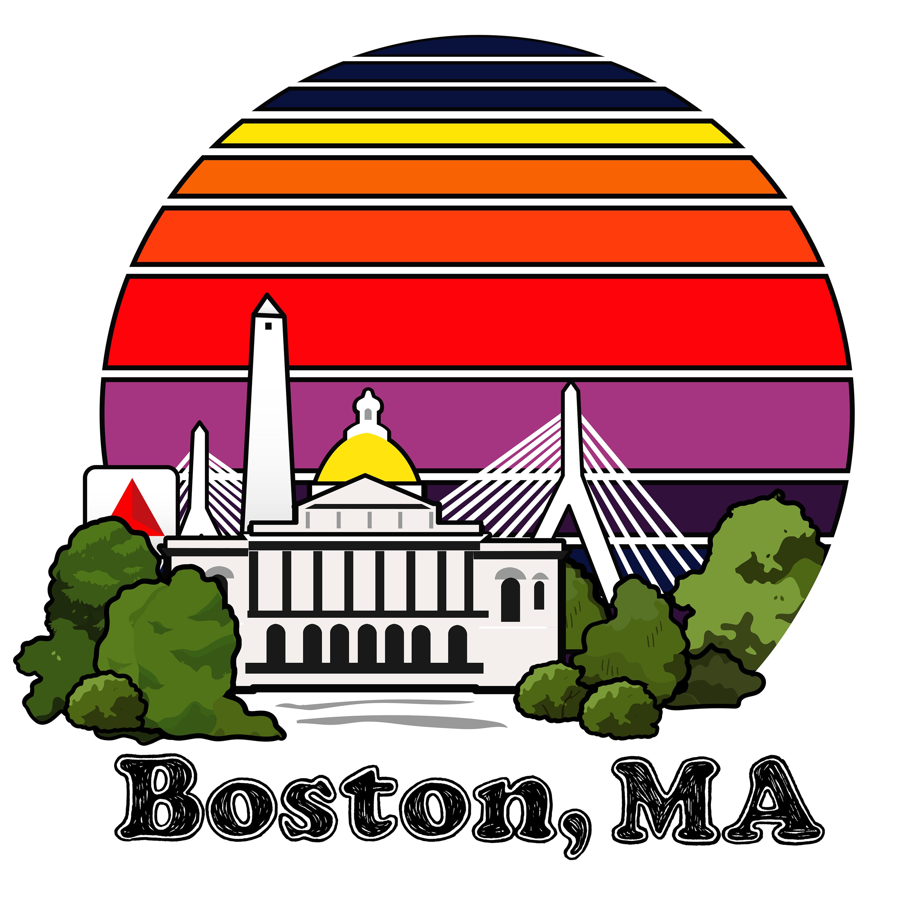 Design of the boston ma skyline with citgo, zakim, statehouse and bunker hill