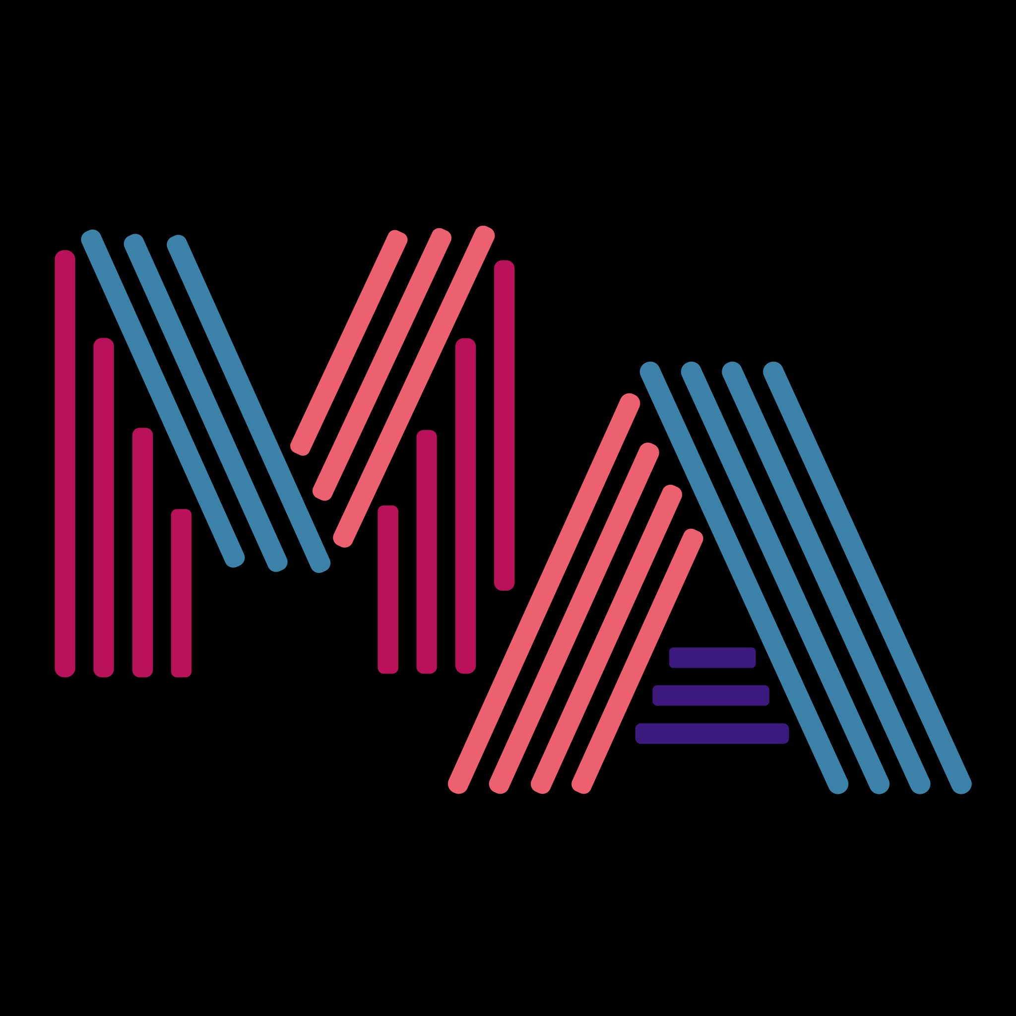 the letters MA in pink, orange, turquoise and purple neon light style lettering