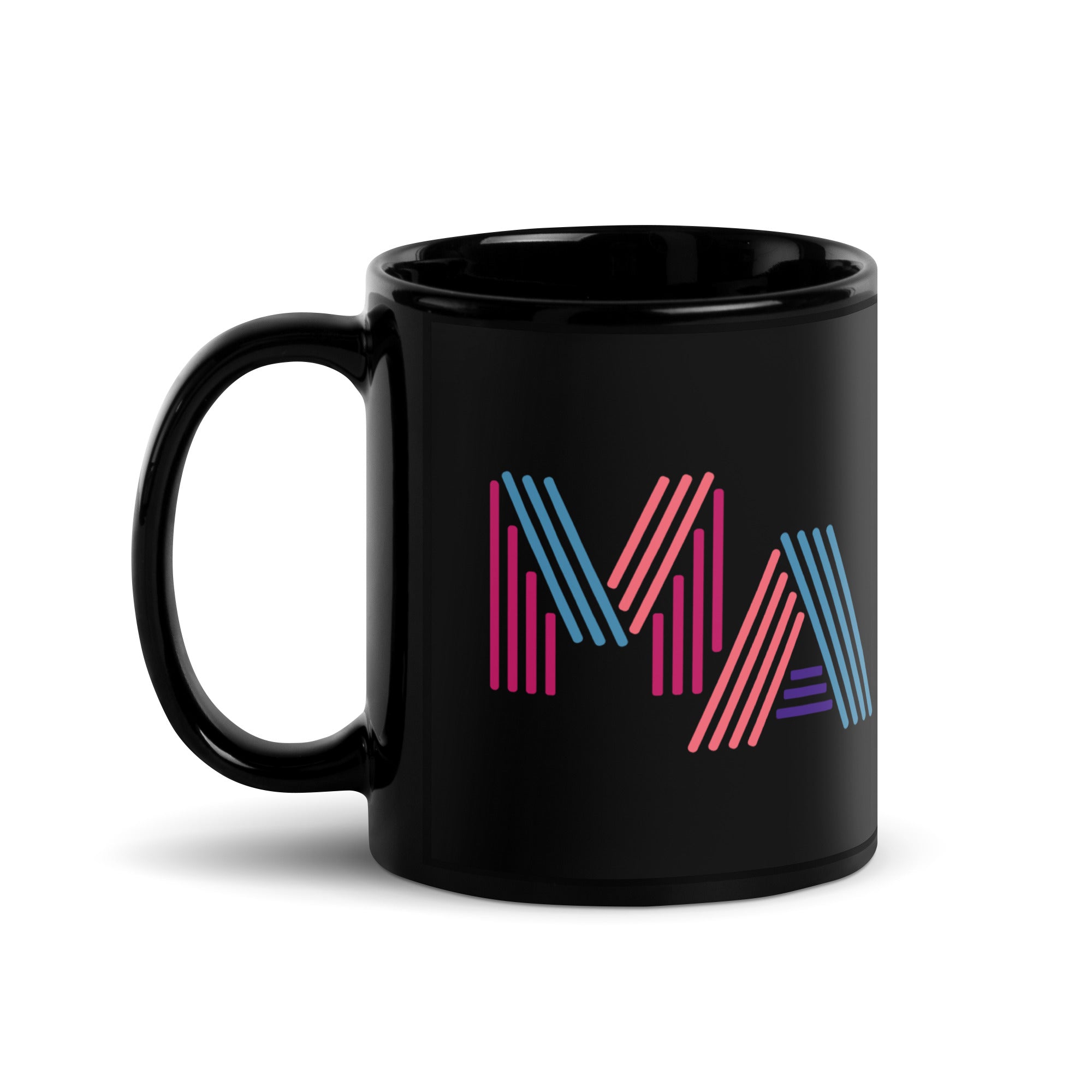 MA massachusetts in neon 90s style lettering on black glossy ceramic mug