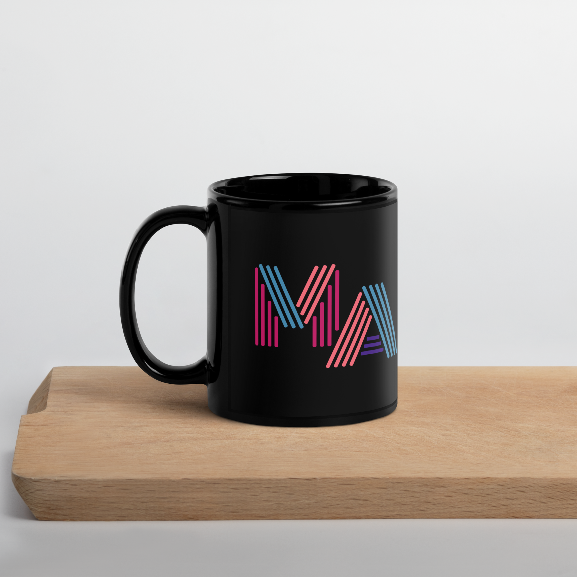 MA massachusetts in neon 90s style lettering on black glossy ceramic mug