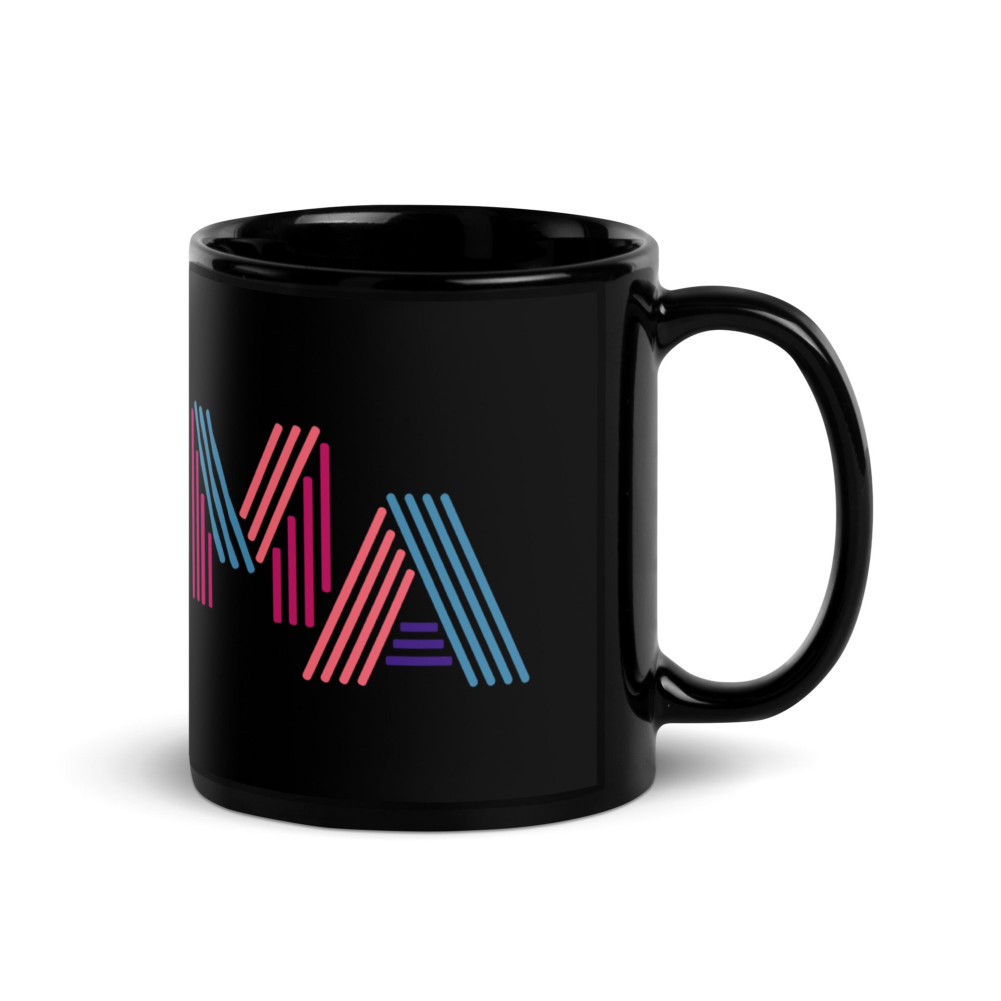 MA massachusetts in neon 90s style lettering on black glossy ceramic mug
