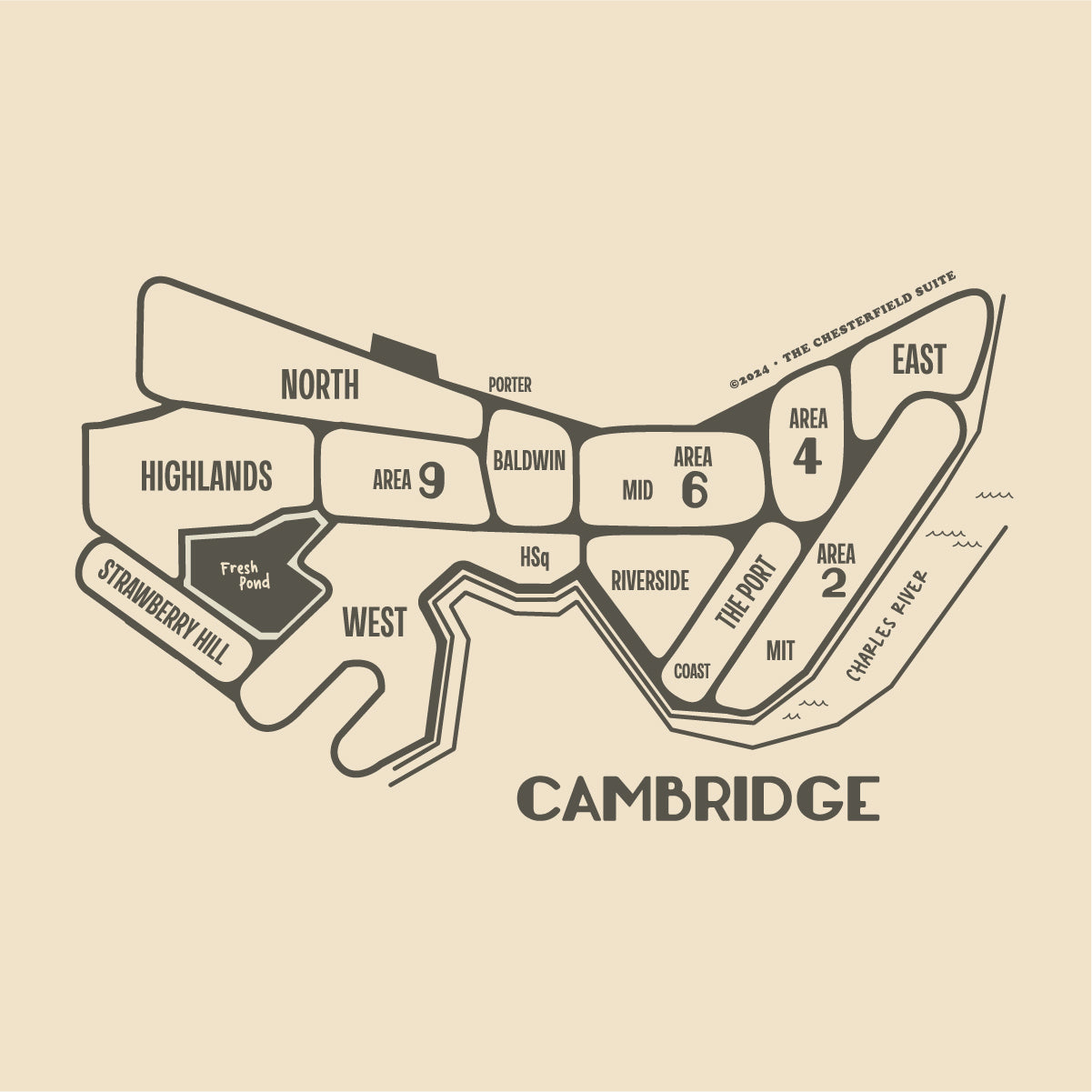 cream, tan hand drawn map of cambridge, ma in dark grey