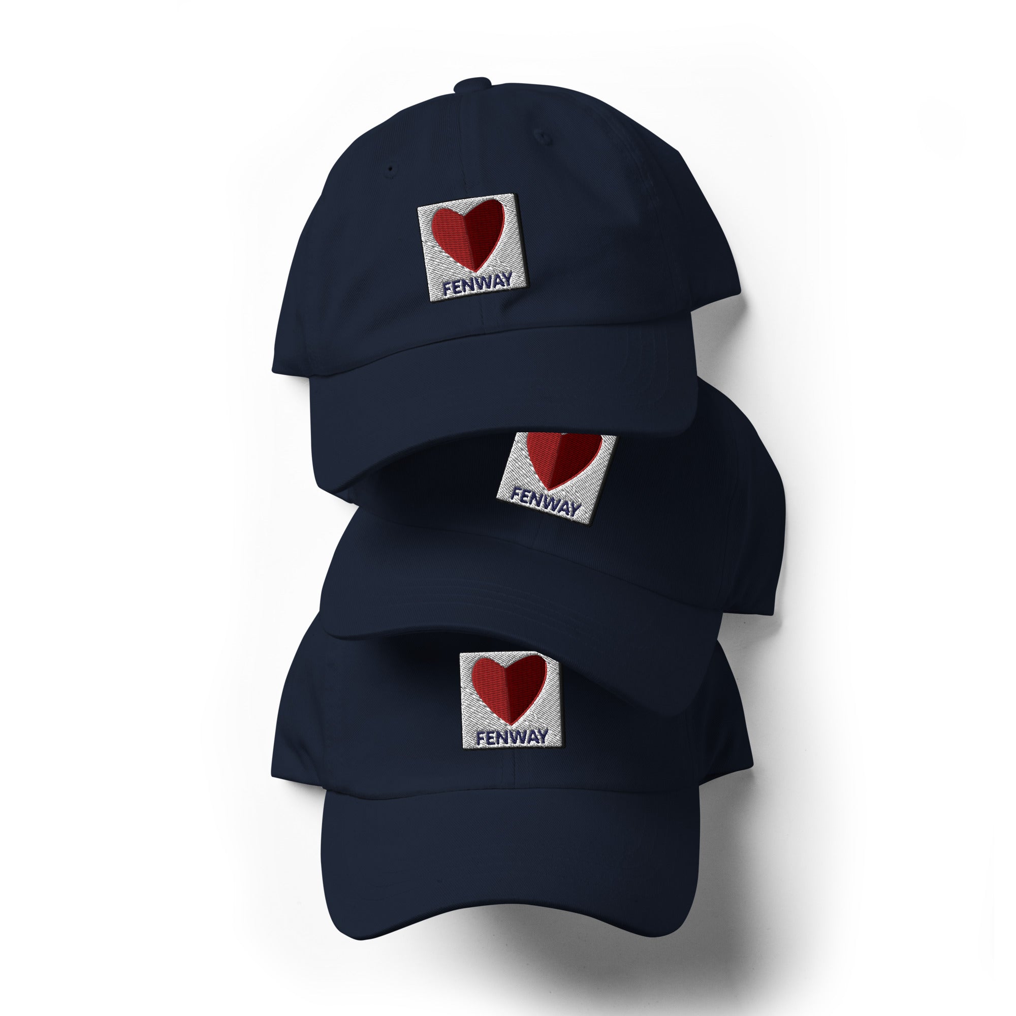 graphic of the citgo sign boston fenway as a heart embroidered on 3 baseball hats