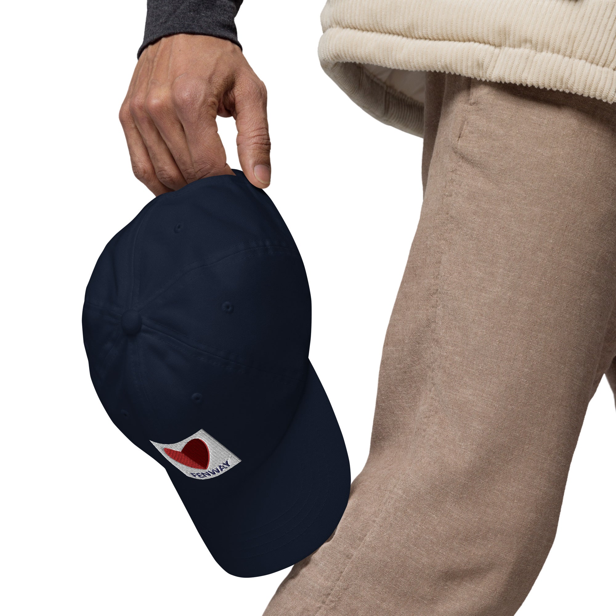 photo of man holding graphic of the citgo sign boston fenway as a heart embroidered on baseball hat