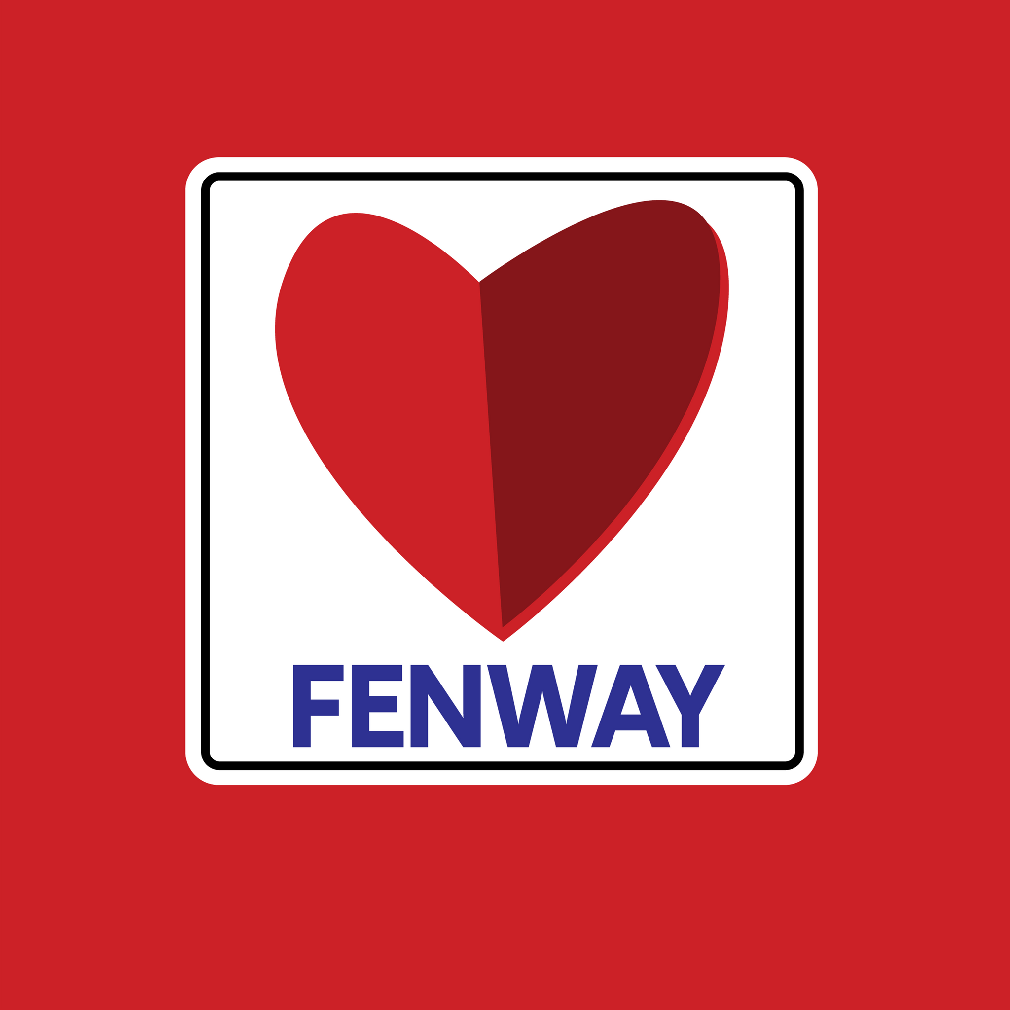design of a square vinyl sticker with the word FENWAY and a heart in the style of the boston citgo sign on a red background
