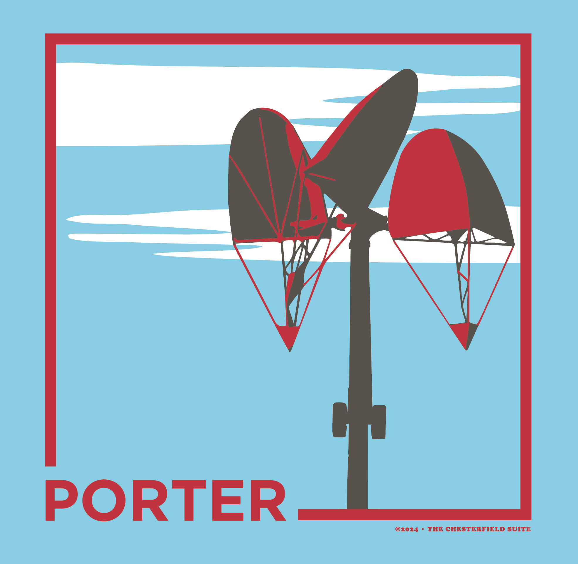 light blue design with the word porter and a square in red, featuring it's mobile and a white cloud