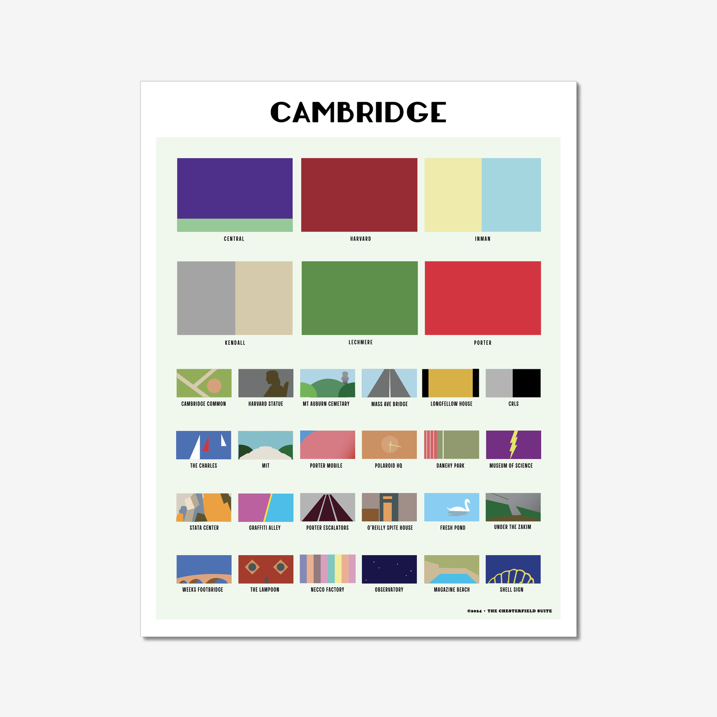 design of cambridge ma with blocks of color respresenting each neighborhood and attraction