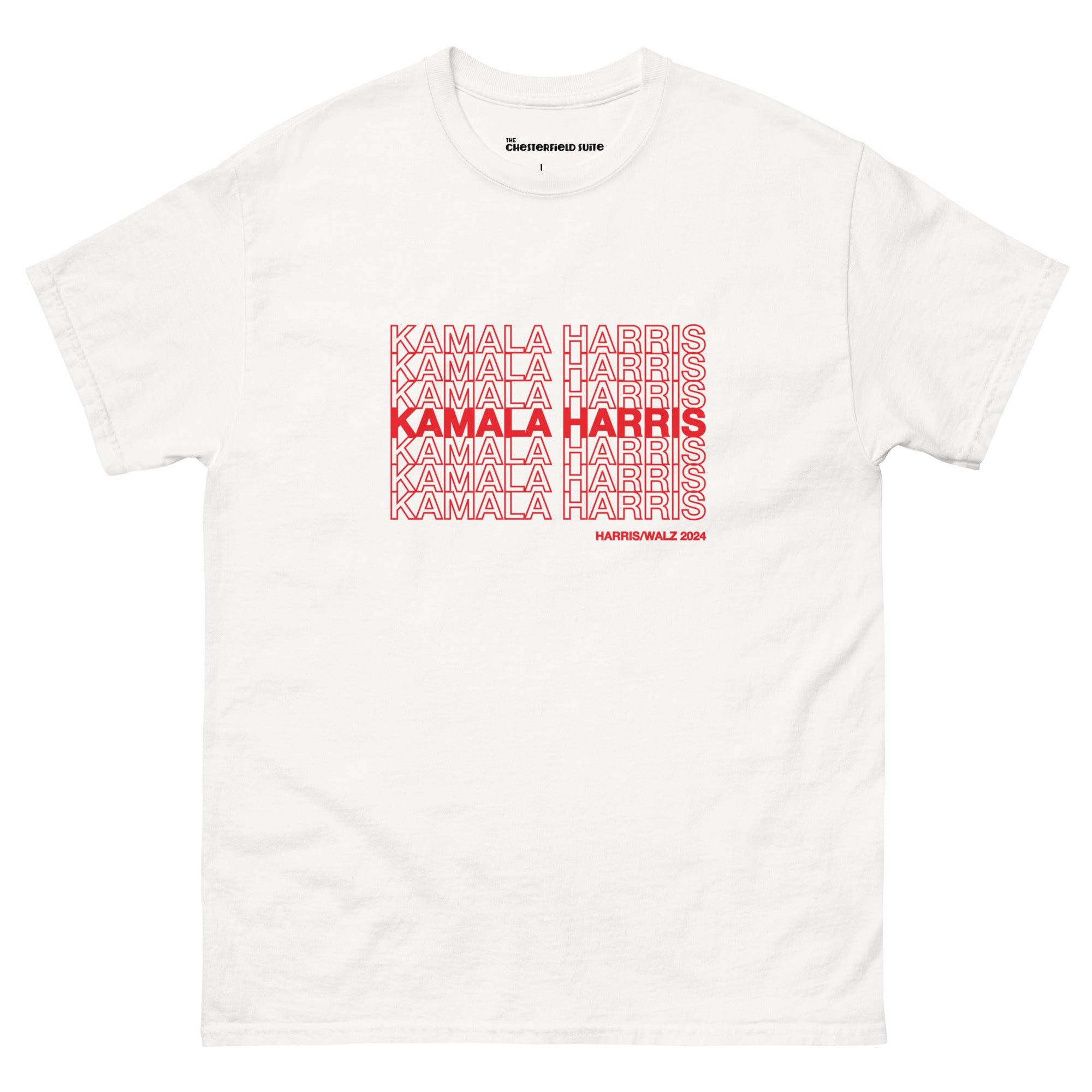 White unisex t-shirt with red text saying "kamala Harris" in the classic plastic shopping bag design