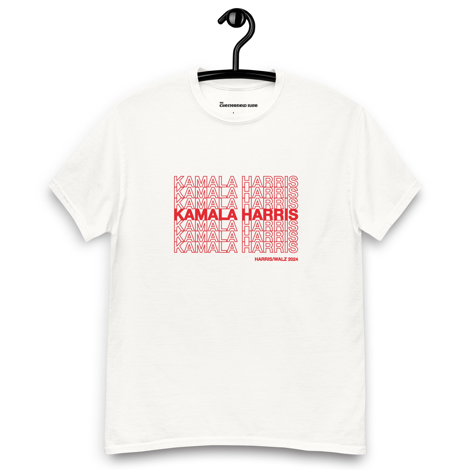 White unisex t-shirt with red text saying "kamala Harris" in the classic plastic shopping bag design, on a black hanger