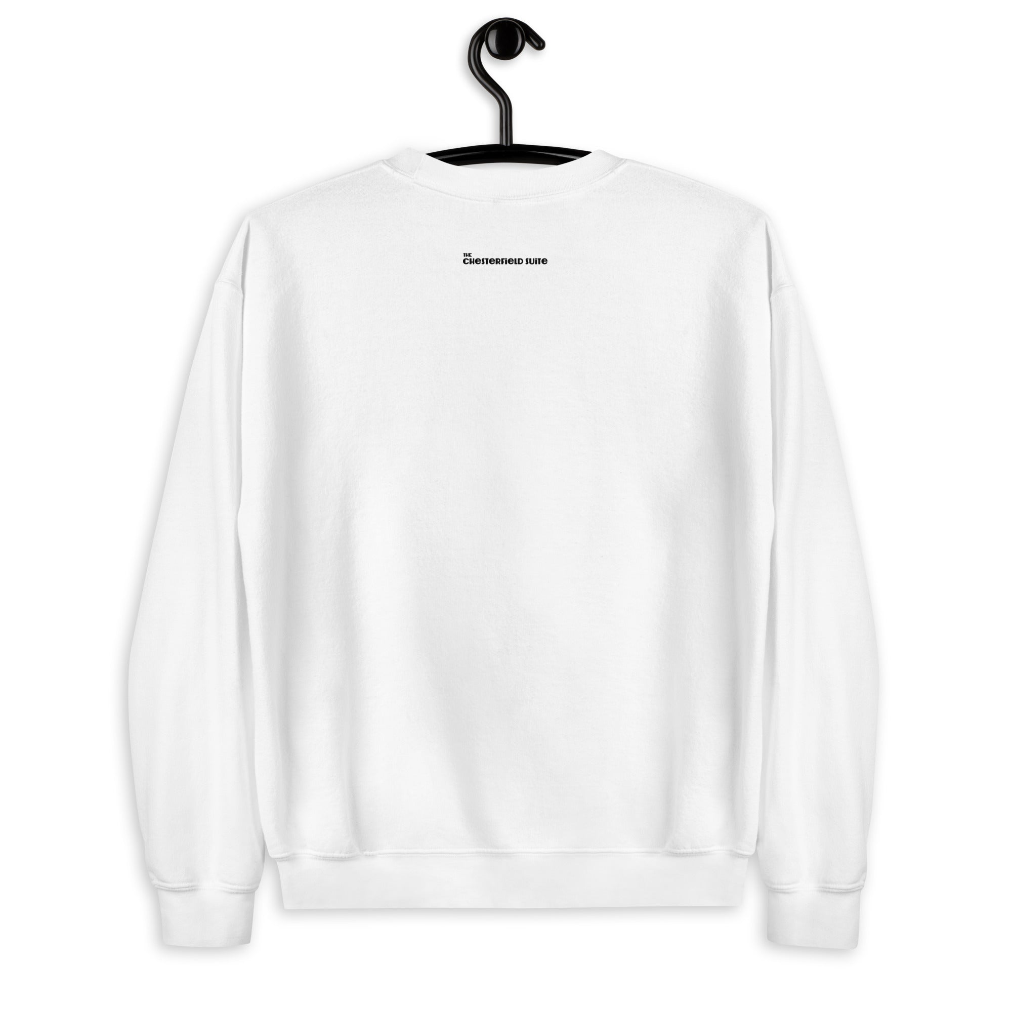 back of white crewneck sweatshirt with the brand name the chesterfield suite