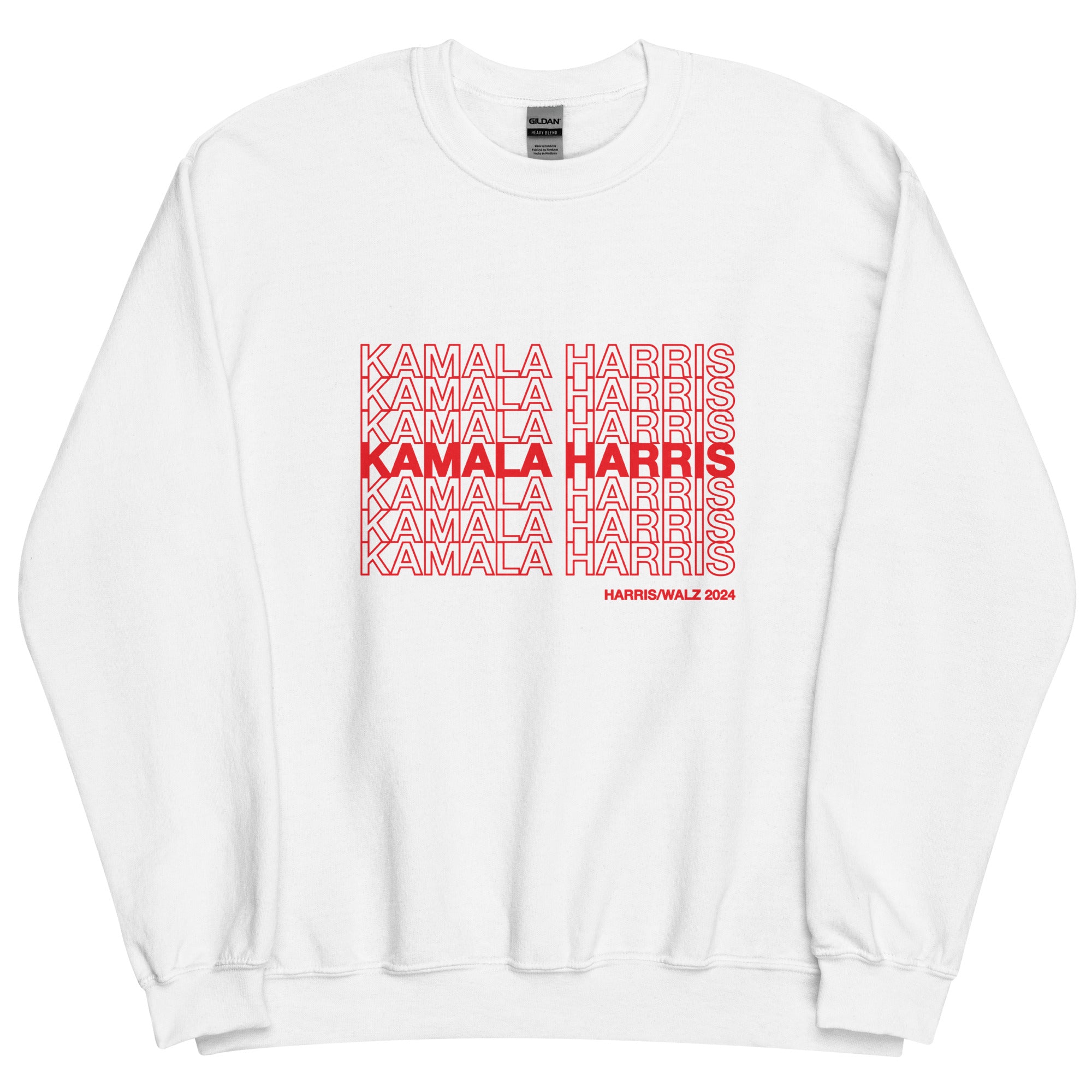 White unisex crewneck sweatshirt with red text saying "kamala Harris" in the classic plastic shopping bag design