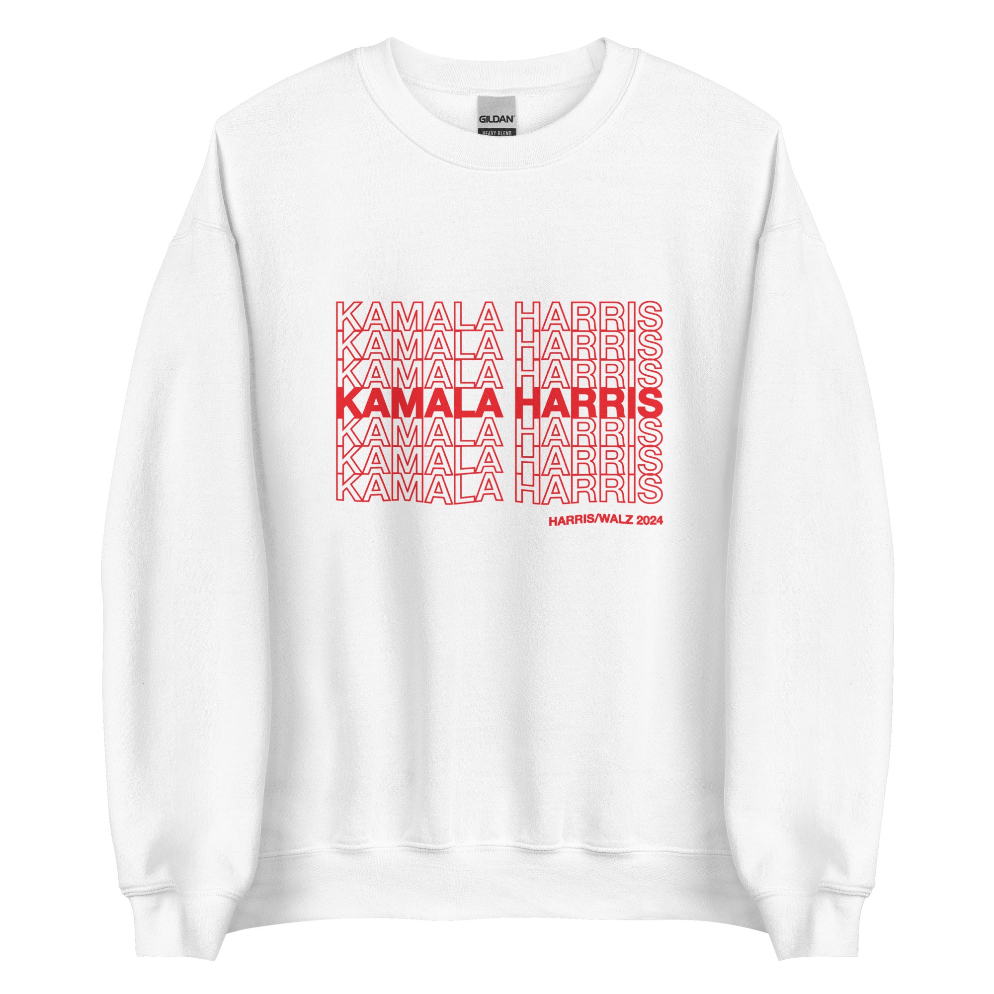 White unisex crewneck sweatshirt with red text saying "kamala Harris" in the classic plastic shopping bag design