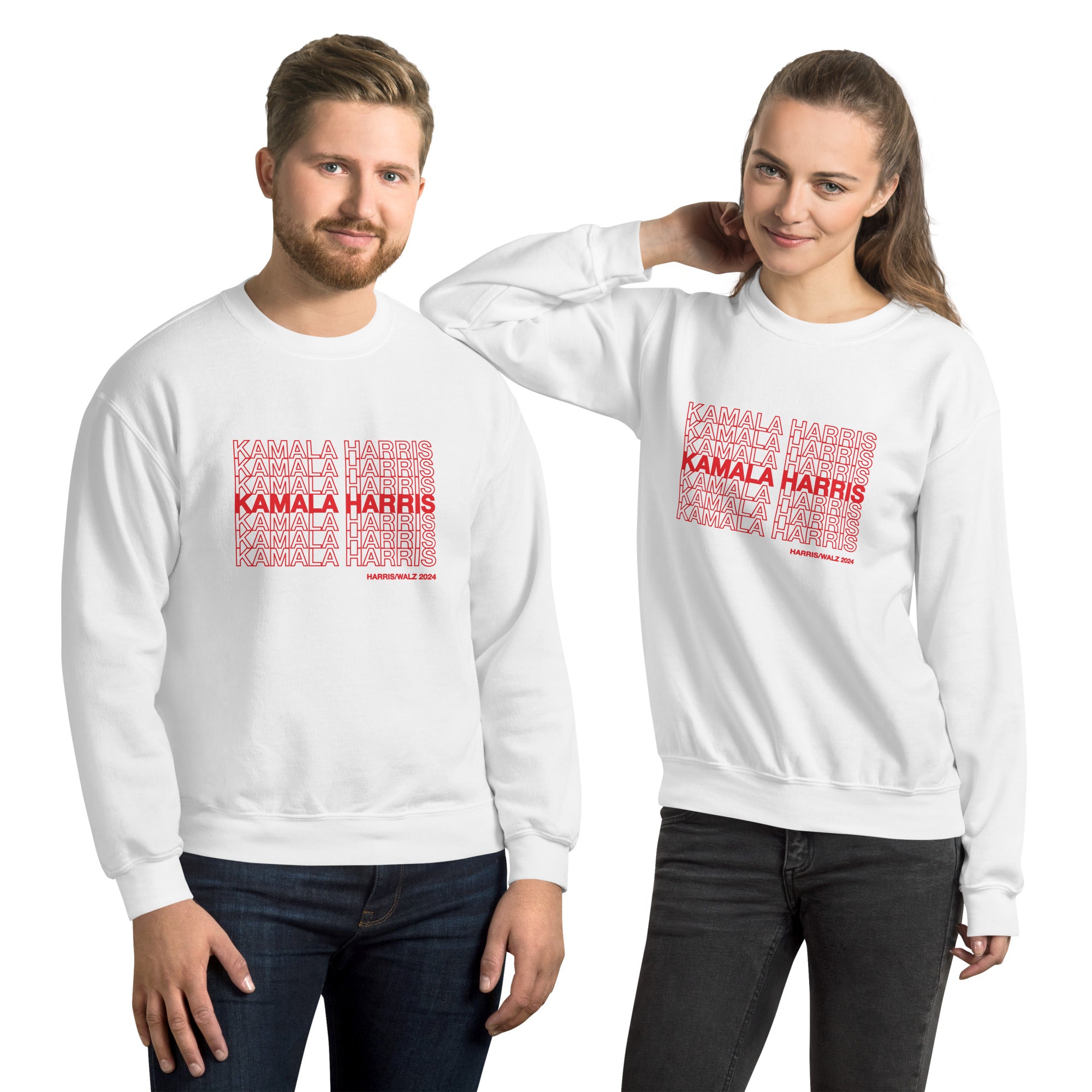 couple wearing White unisex crewneck sweatshirt with red text saying "kamala Harris" in the classic plastic shopping bag design