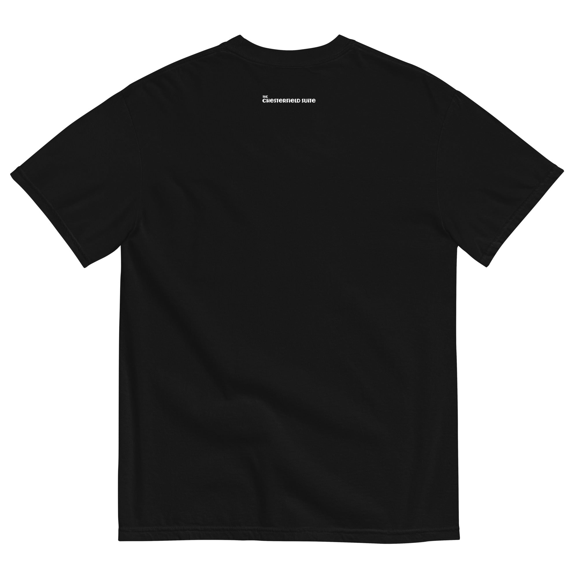 back of black heavyweight unisex t-shirt with the chesterfield suite logo