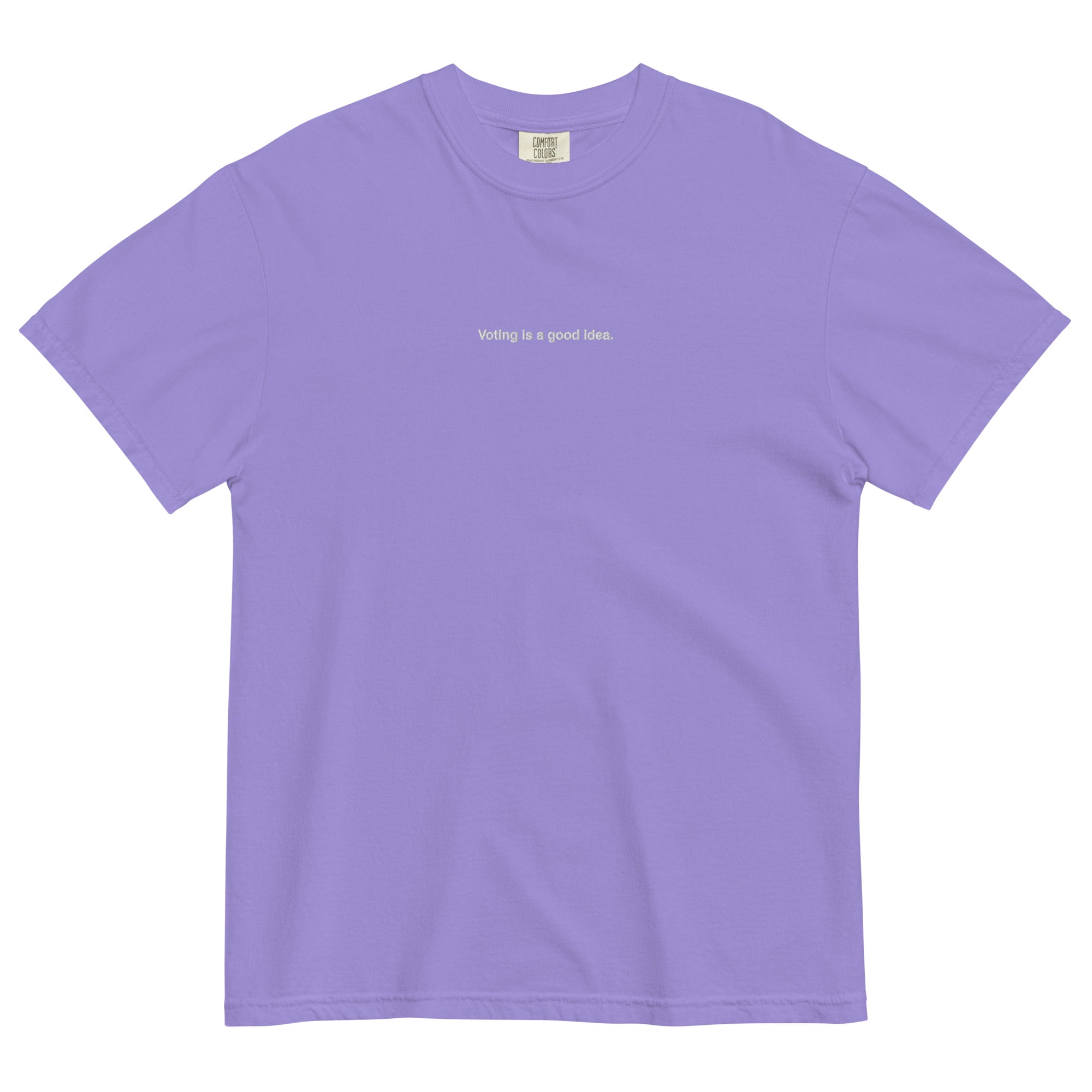 light purple heavyweight unisex t-shirt with the phrase, voting is a good idea, embroidered in white on the front