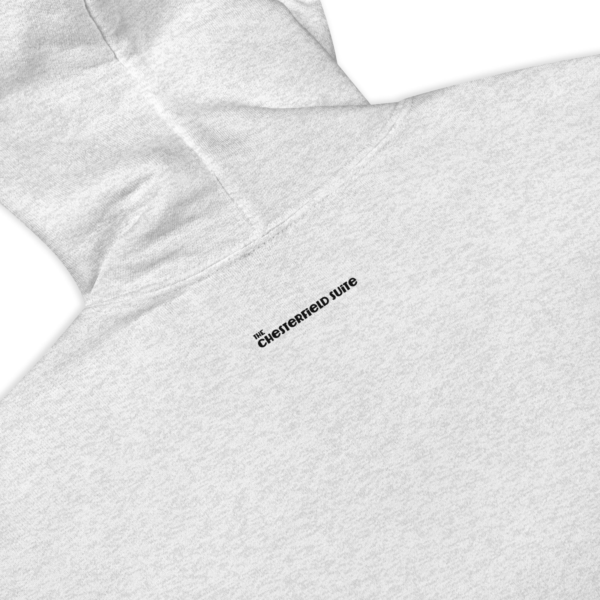 back of ash sport grey Unisex hoodie with the words the chesterfield suite