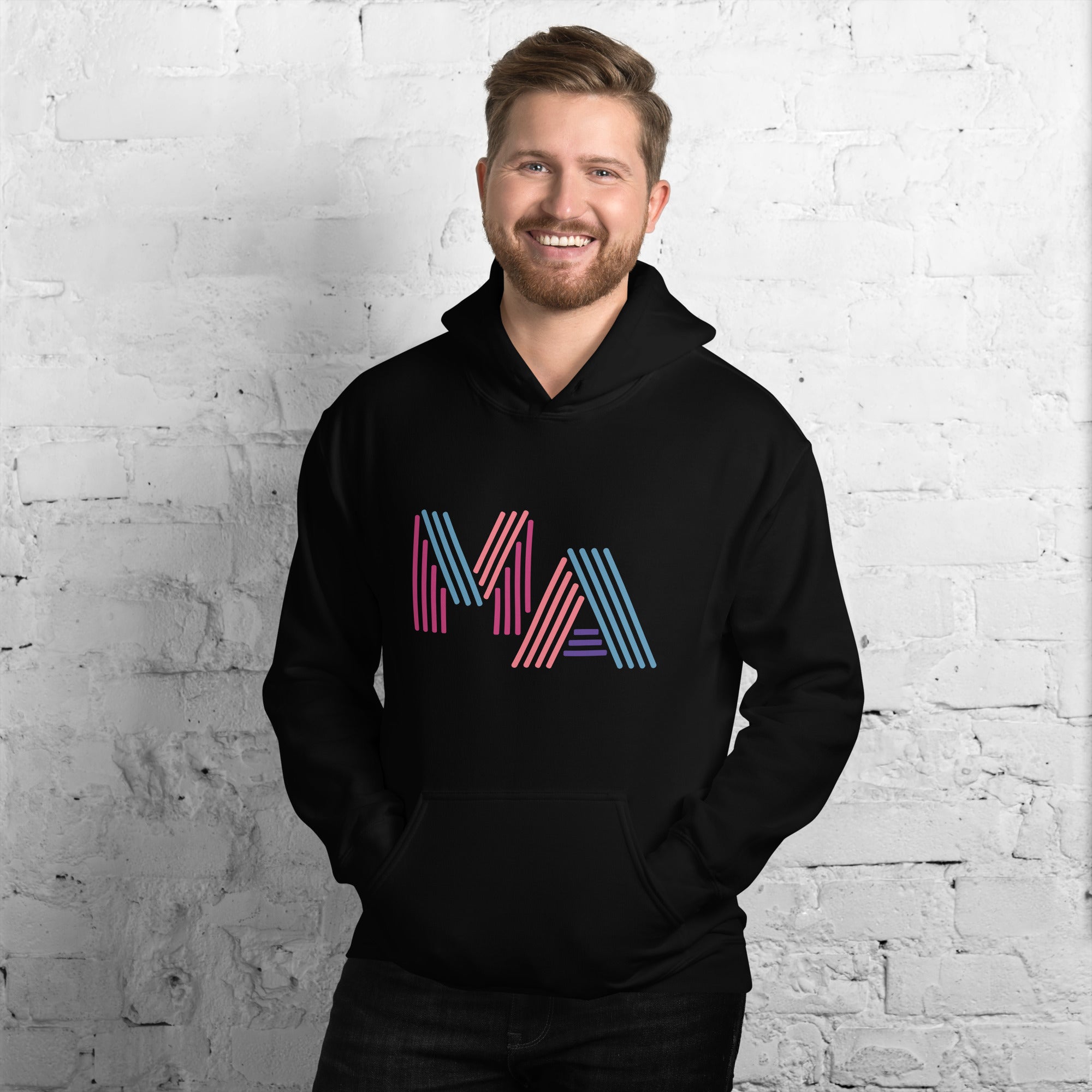 man wearing unisex black hoodie with the letters MA in pink, orange, turquoise and purple neon light style lettering