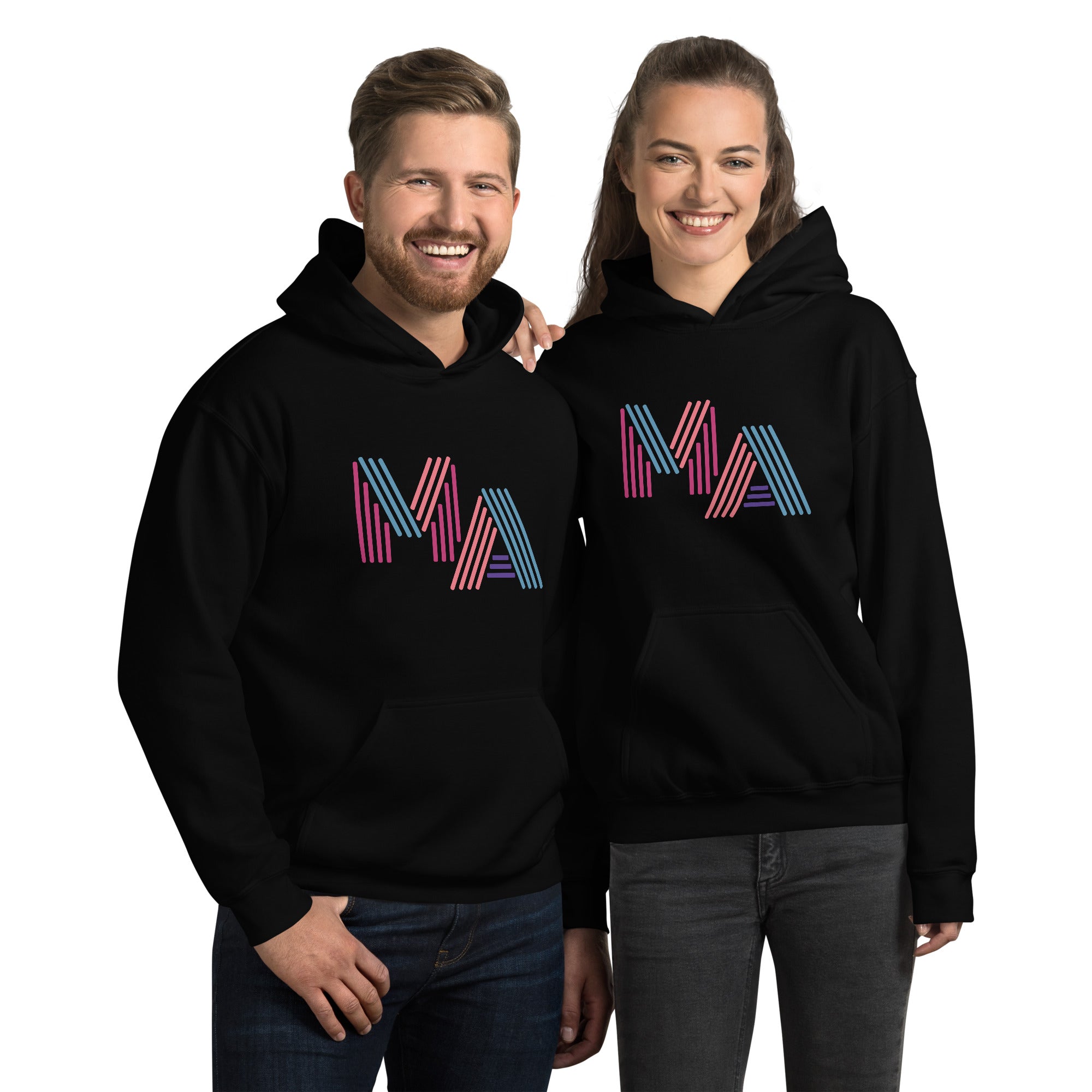 man and woman wearing unisex black hoodie with the letters MA in pink, orange, turquoise and purple neon light style lettering